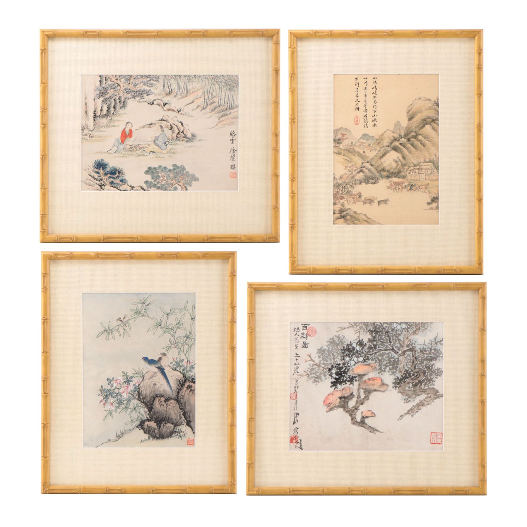 Set of Chinese Watercolor Paintings of Landscapes and Figurative Scenes