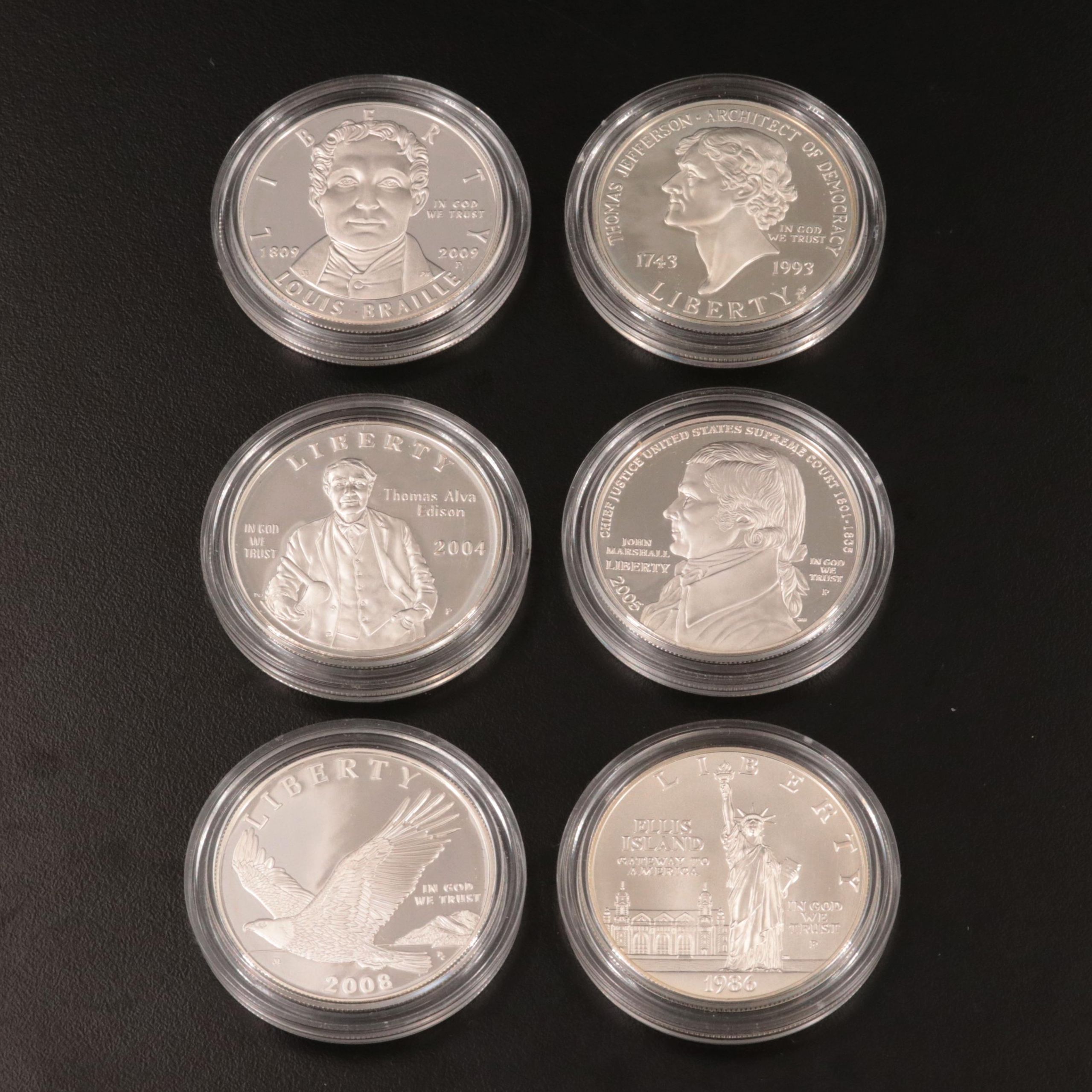 Six Modern Silver Commemorative Uncirculated and Proof Silver Dollars