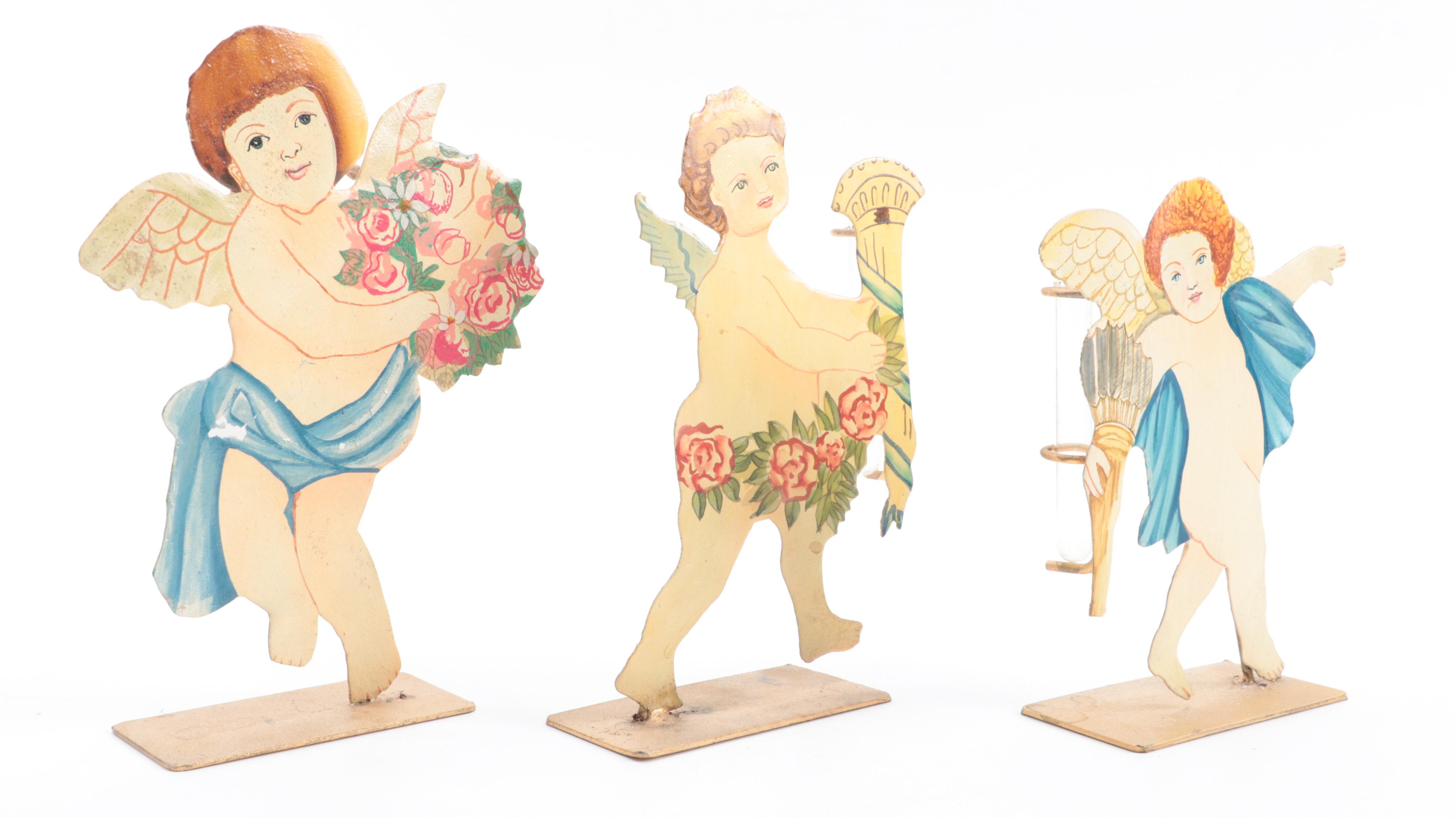 Two's Company Hand-Painted Metal Figural Cherub Bud Vases, Late 20th Century