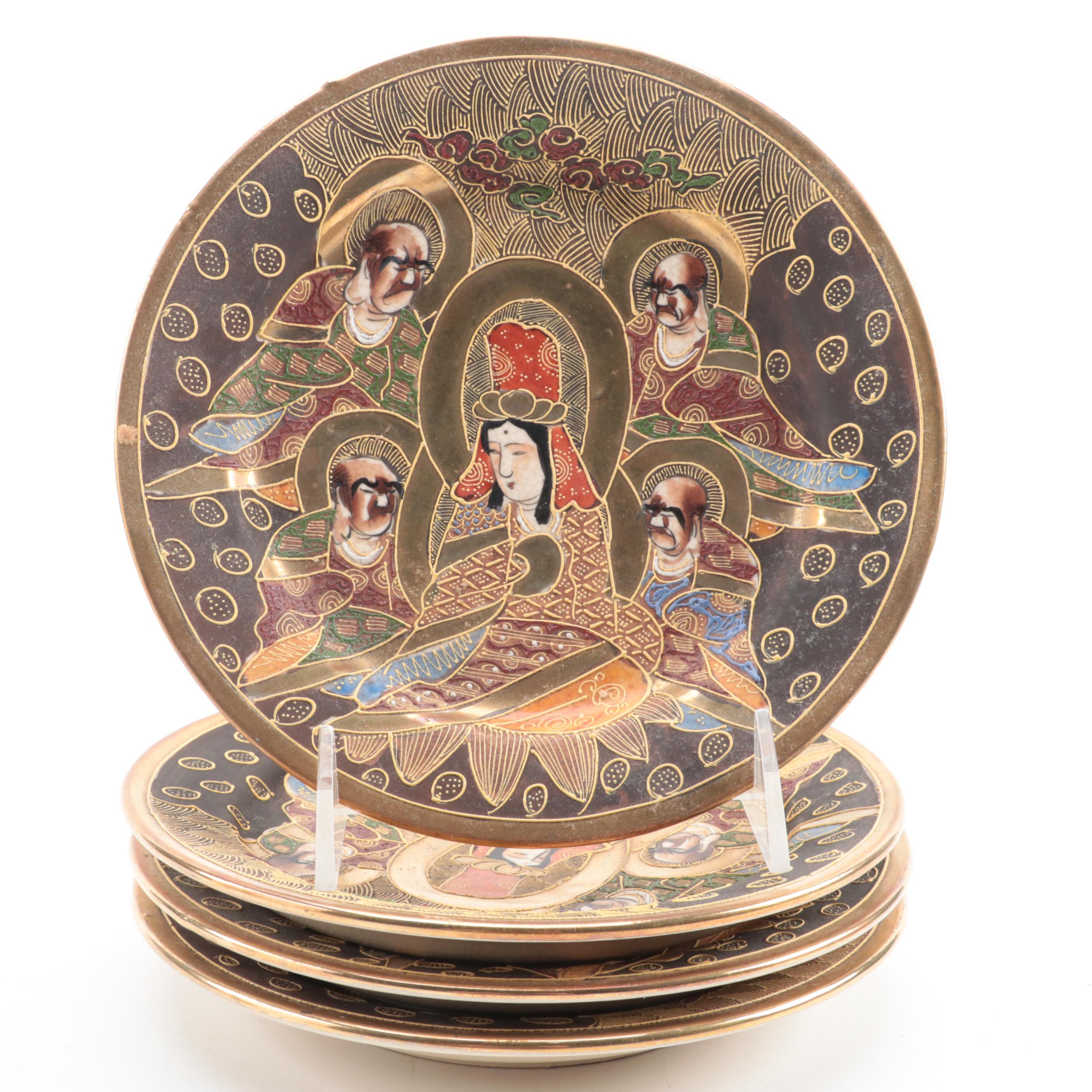 Japanese Satsuma Moriage Accented Teacups and Plates
