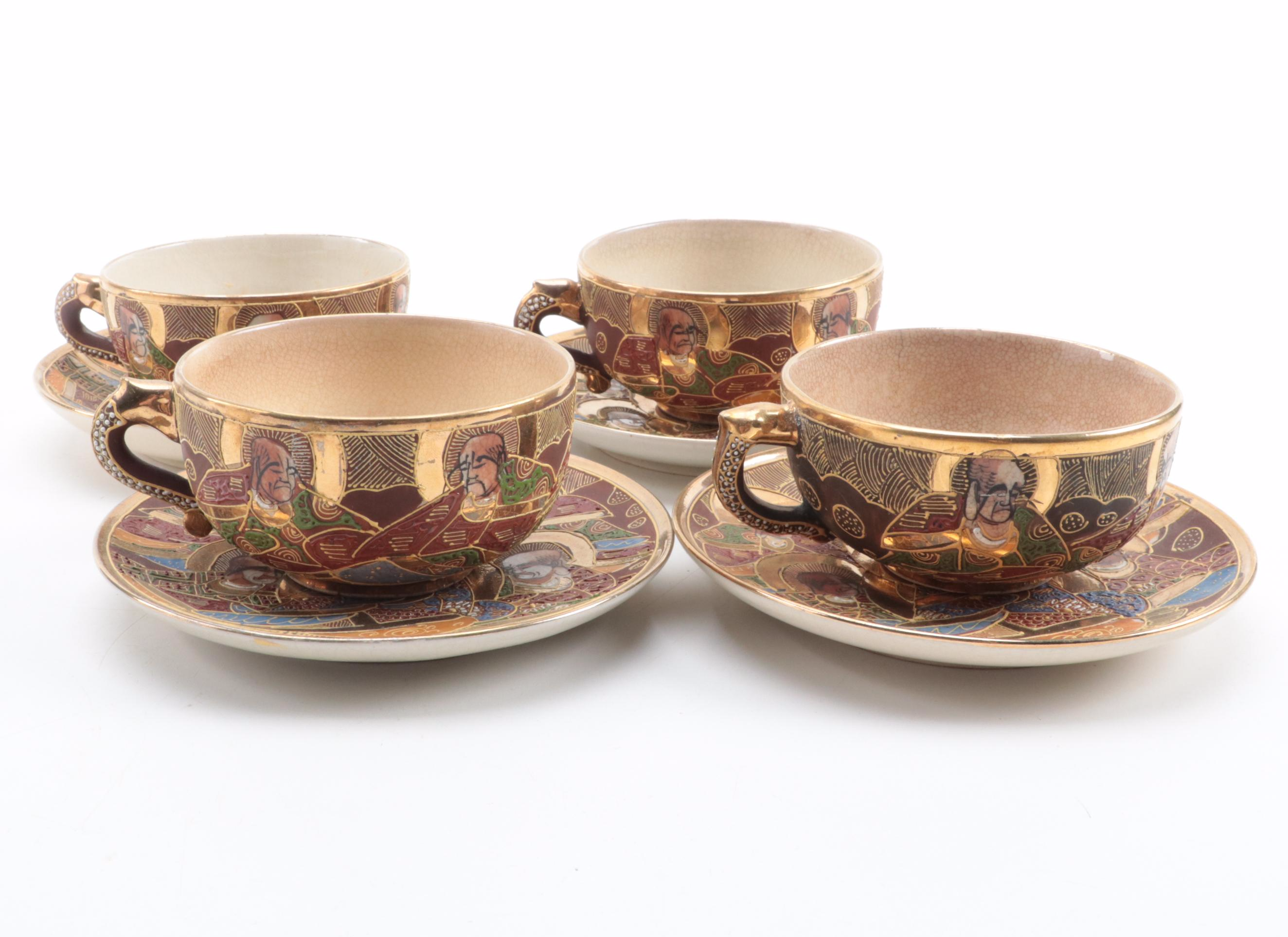 Japanese Satsuma Moriage Accented Teacups and Plates