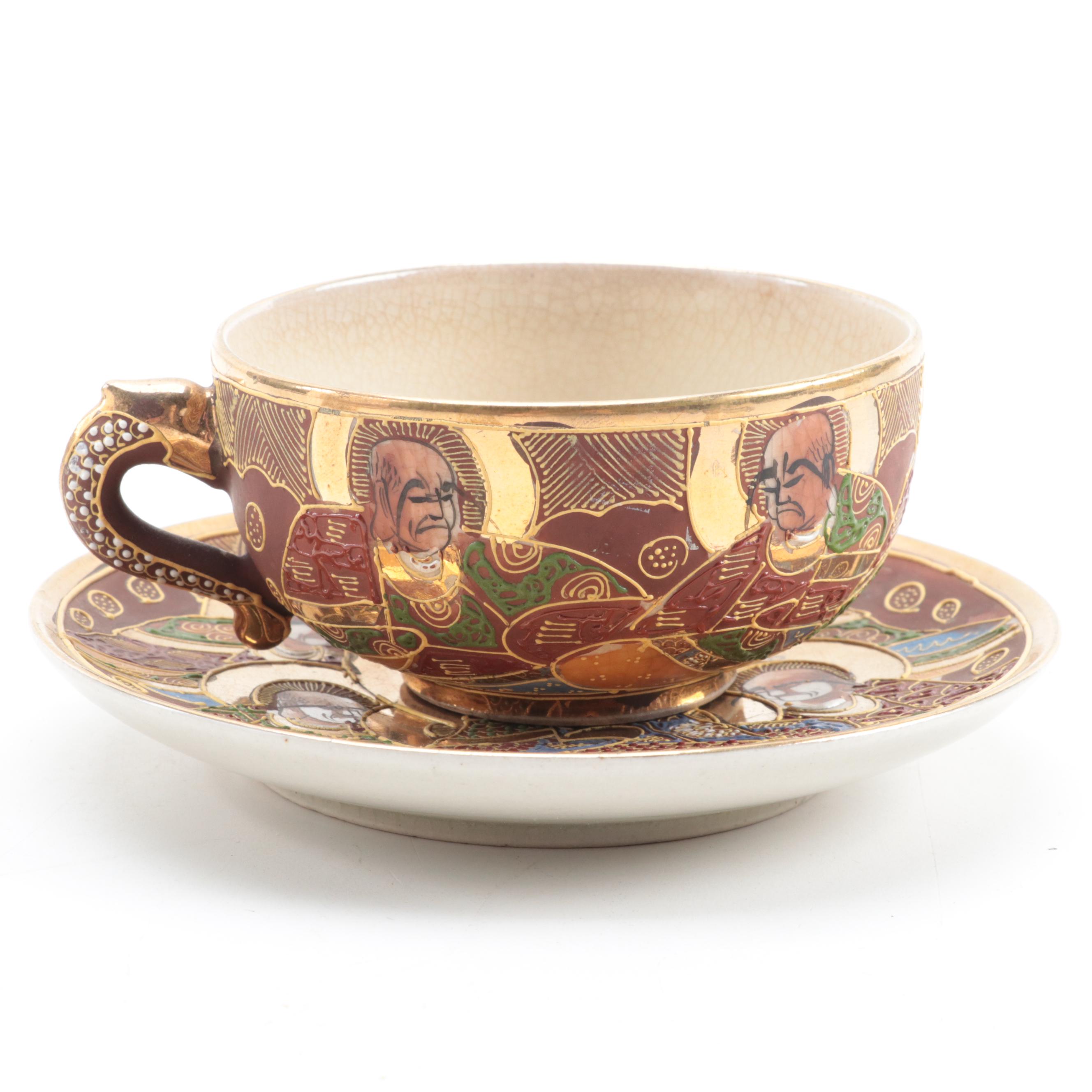 Japanese Satsuma Moriage Accented Teacups and Plates