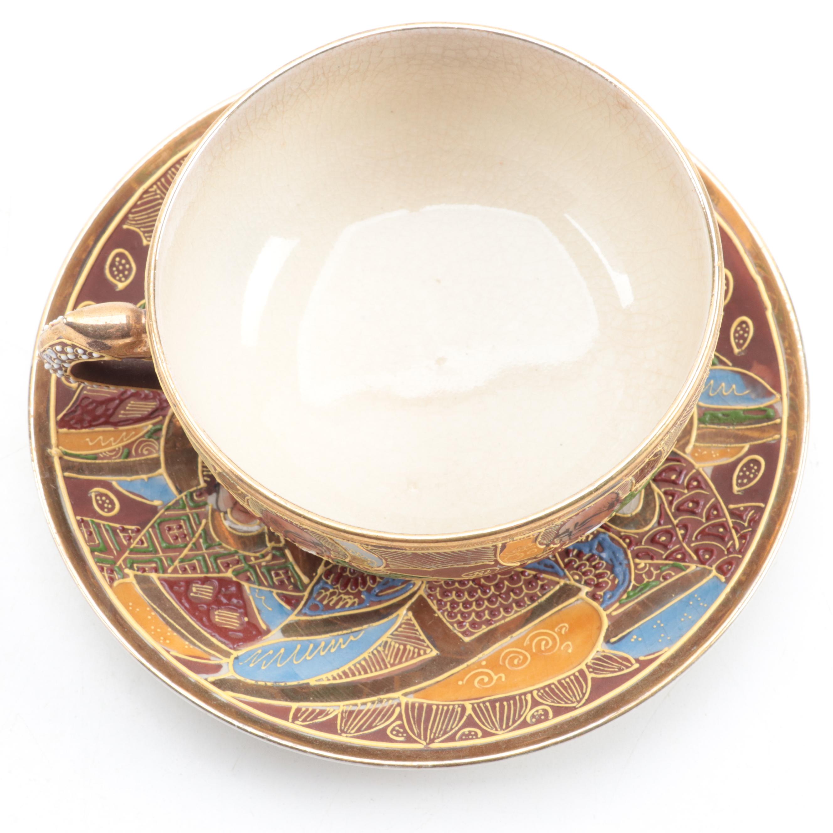 Japanese Satsuma Moriage Accented Teacups and Plates