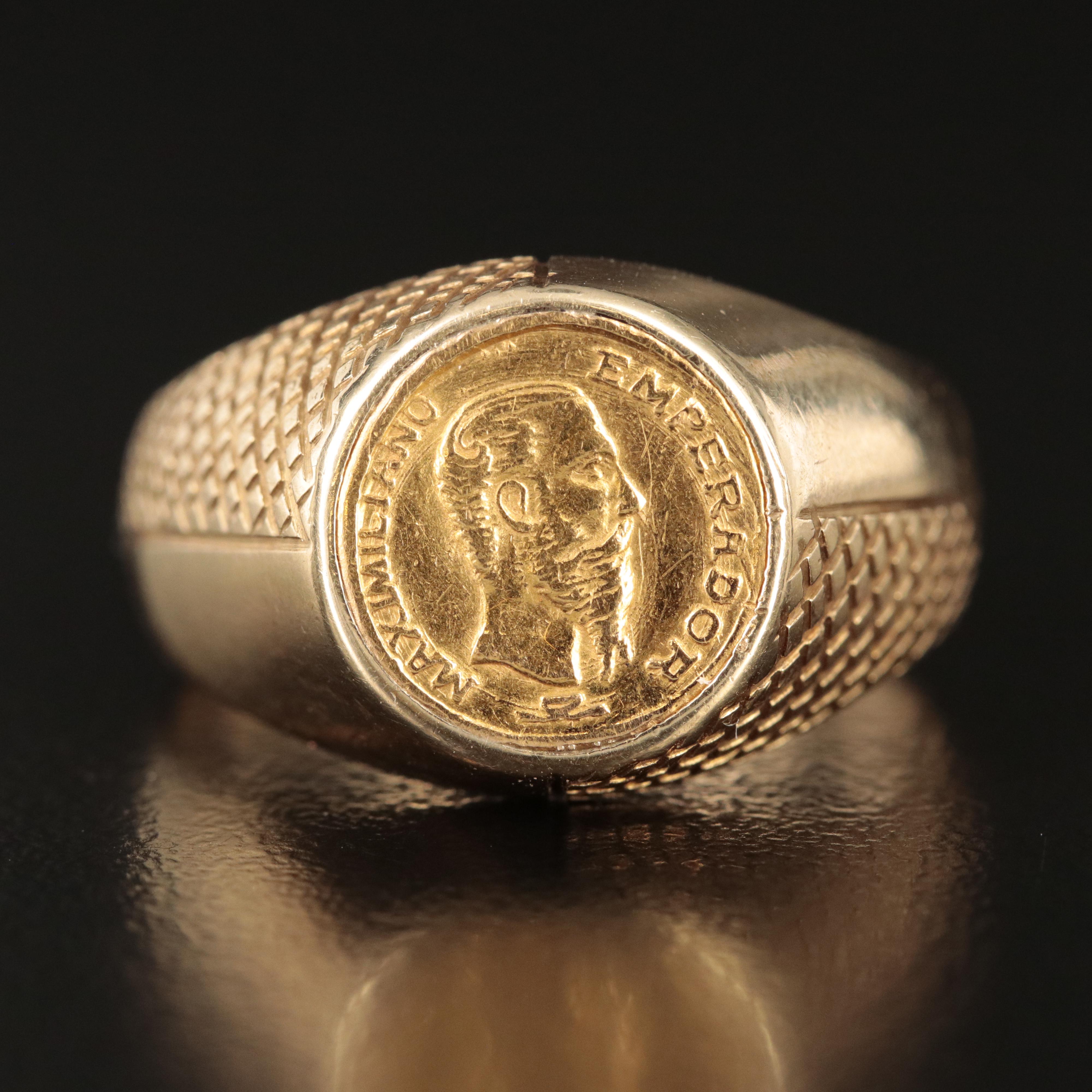 14K Ring Holding 1865 Mexican Gold Peso Fantasy Token