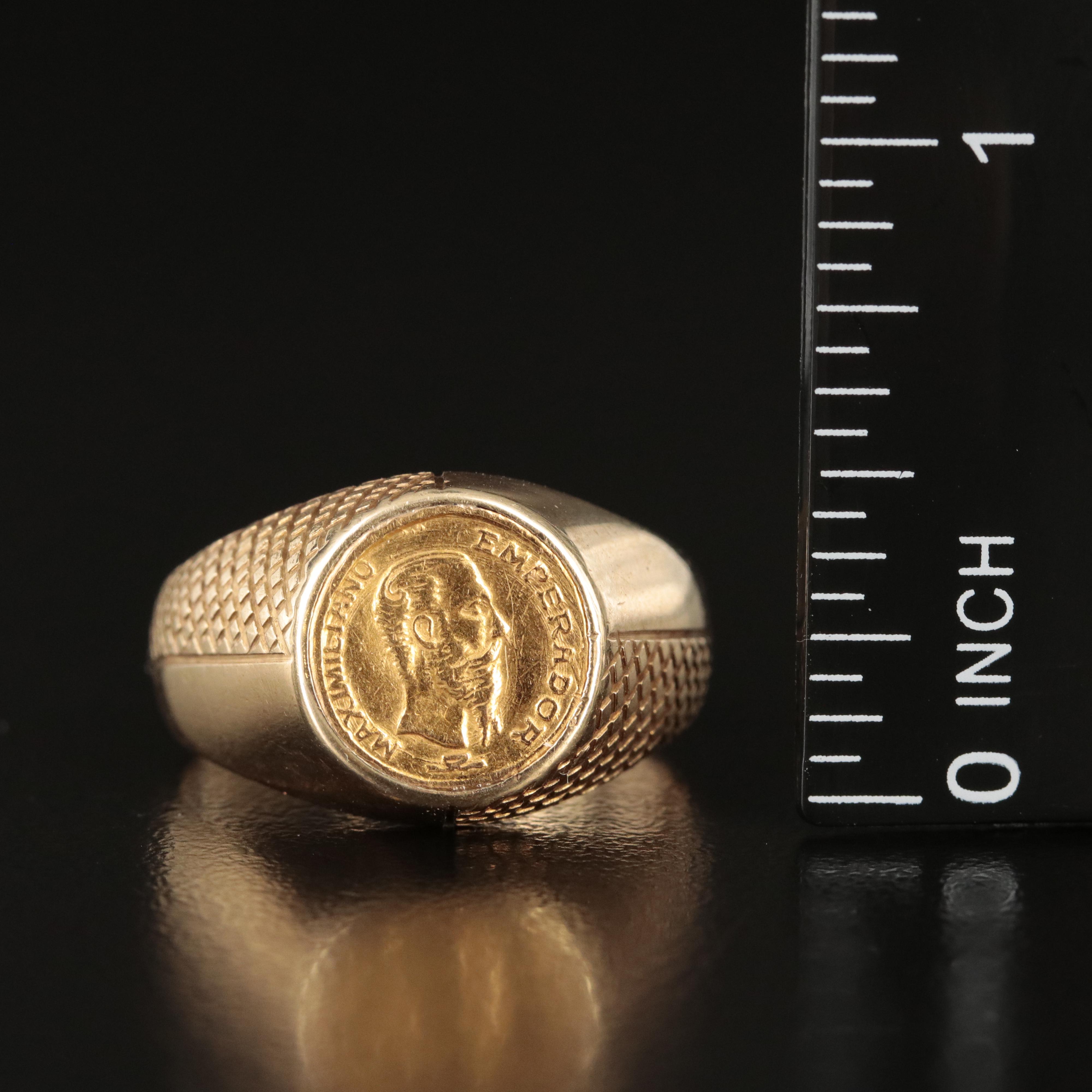 14K Ring Holding 1865 Mexican Gold Peso Fantasy Token