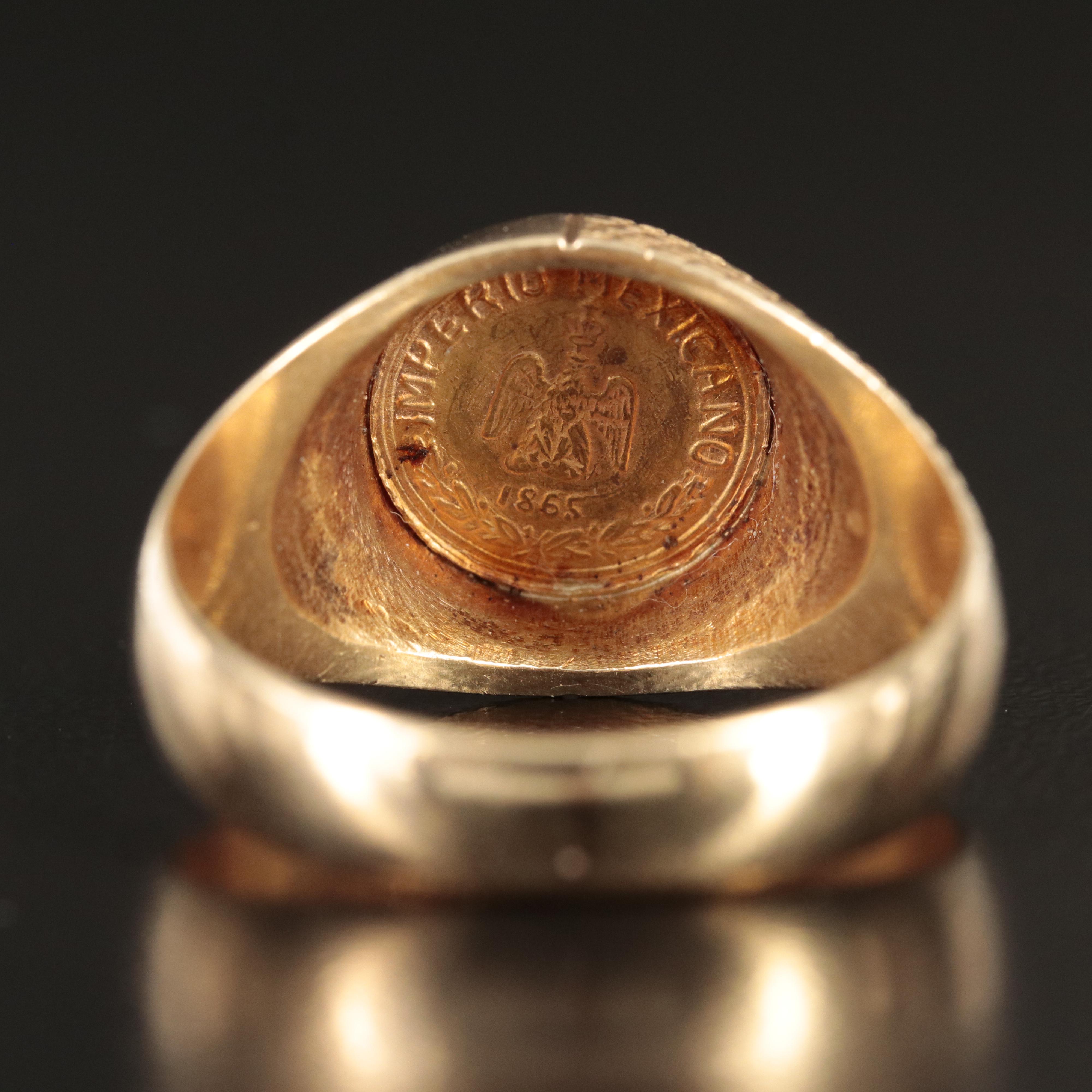 14K Ring Holding 1865 Mexican Gold Peso Fantasy Token
