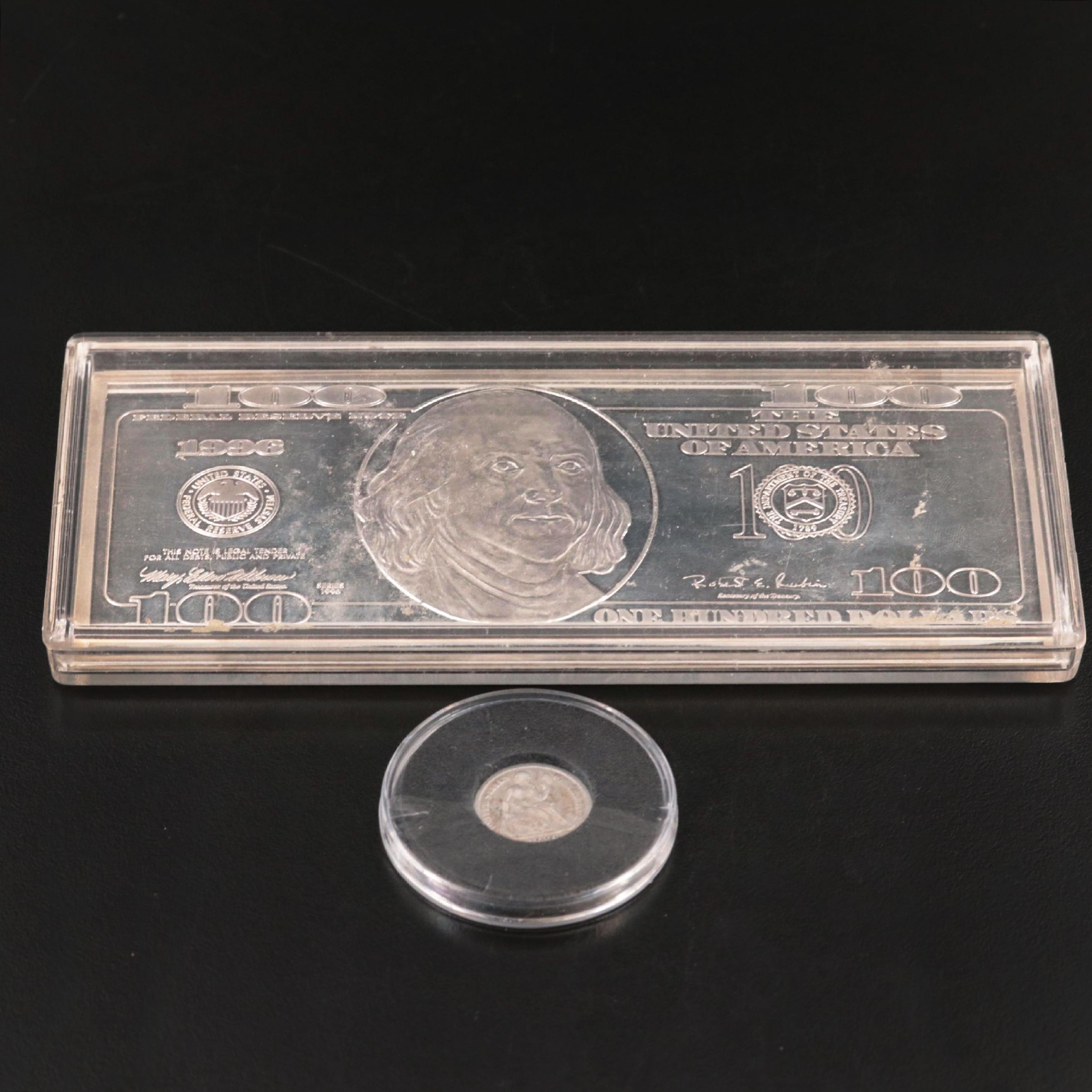 Four Ounce .999 $100 Silver Bar and 1886 Seated Liberty Dime