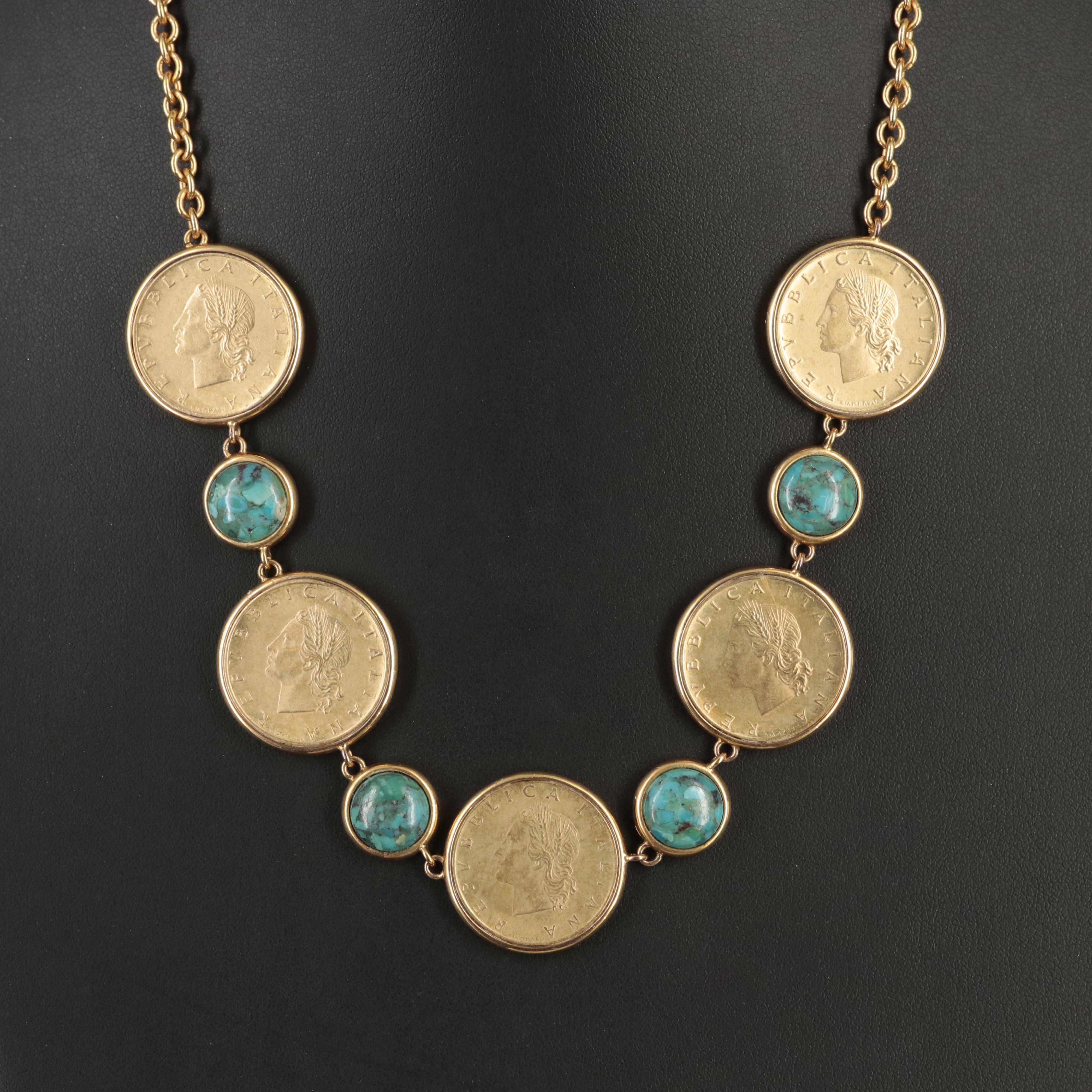 Faux Turquoise Necklace Holding Five Italian Twenty Lire Coins