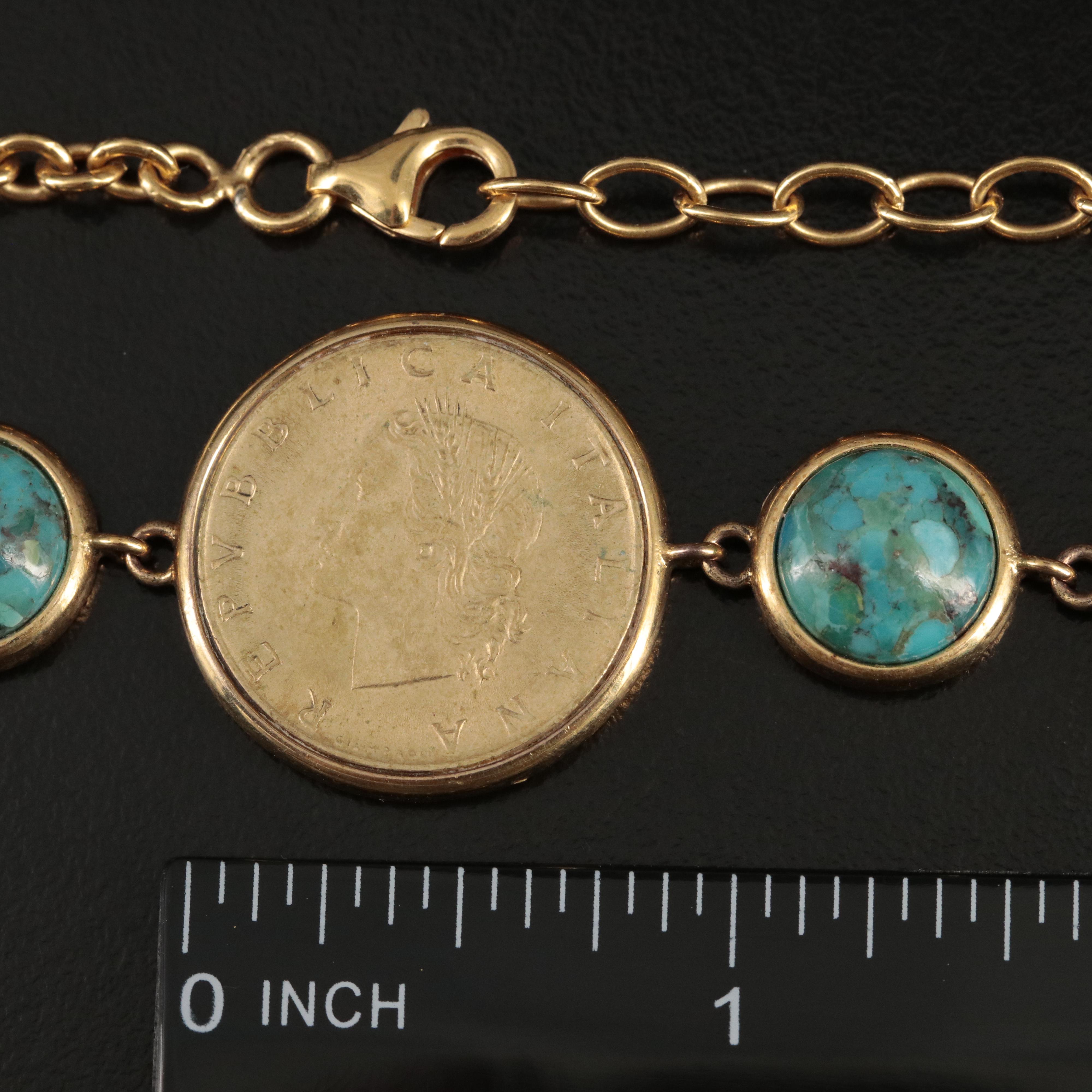 Faux Turquoise Necklace Holding Five Italian Twenty Lire Coins