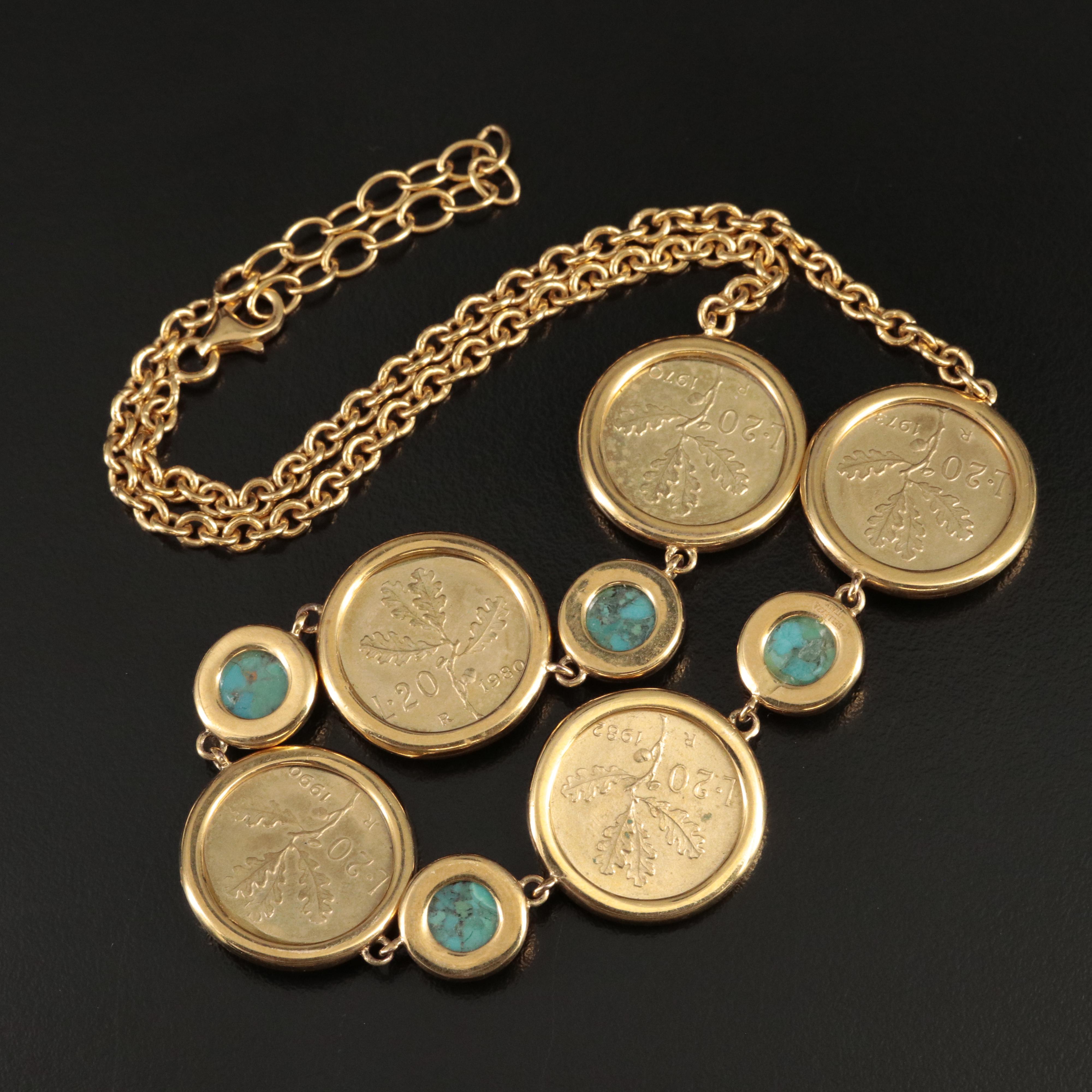 Faux Turquoise Necklace Holding Five Italian Twenty Lire Coins