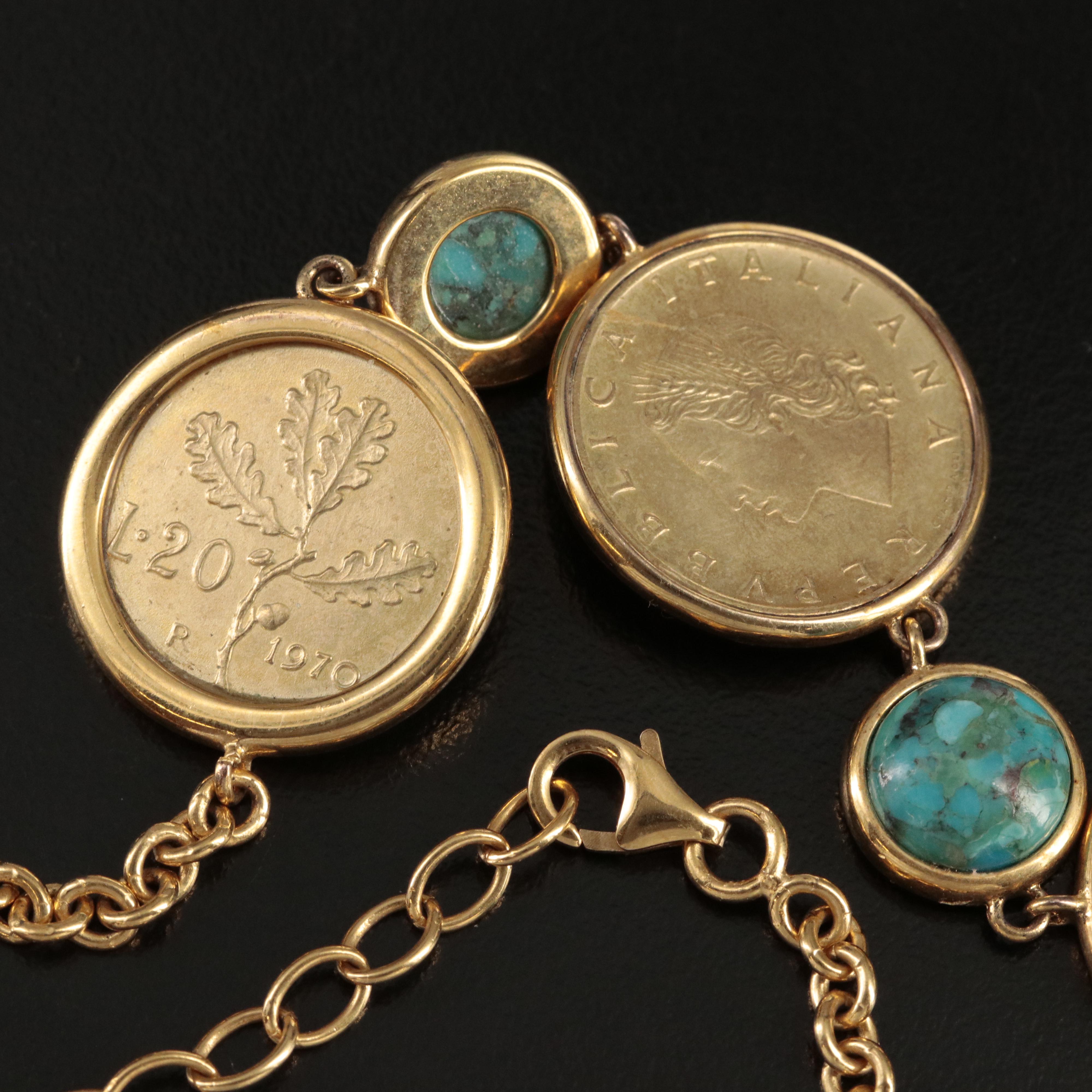 Faux Turquoise Necklace Holding Five Italian Twenty Lire Coins