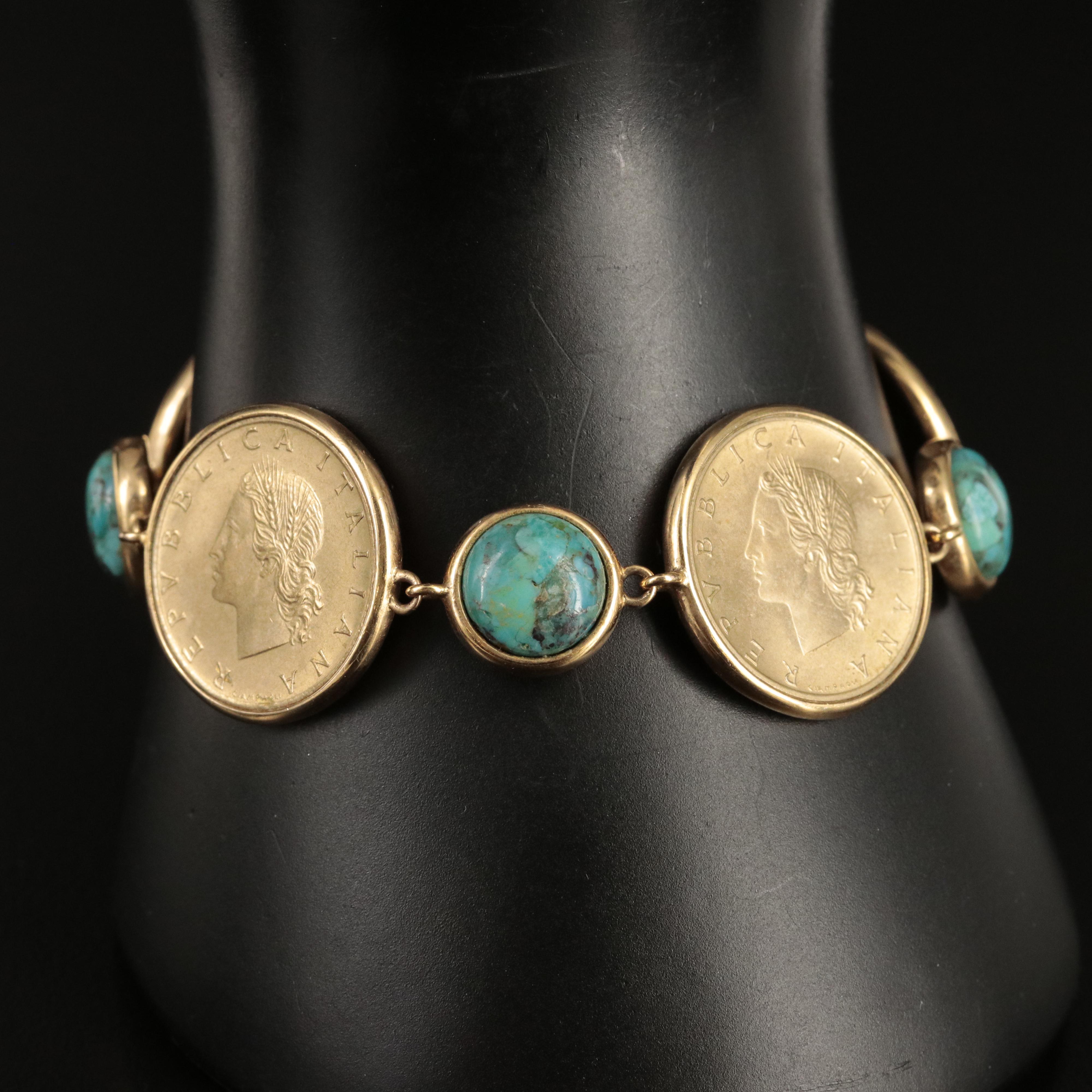Faux Turquoise Bracelet Holding Four Italian Twenty LIre Coins