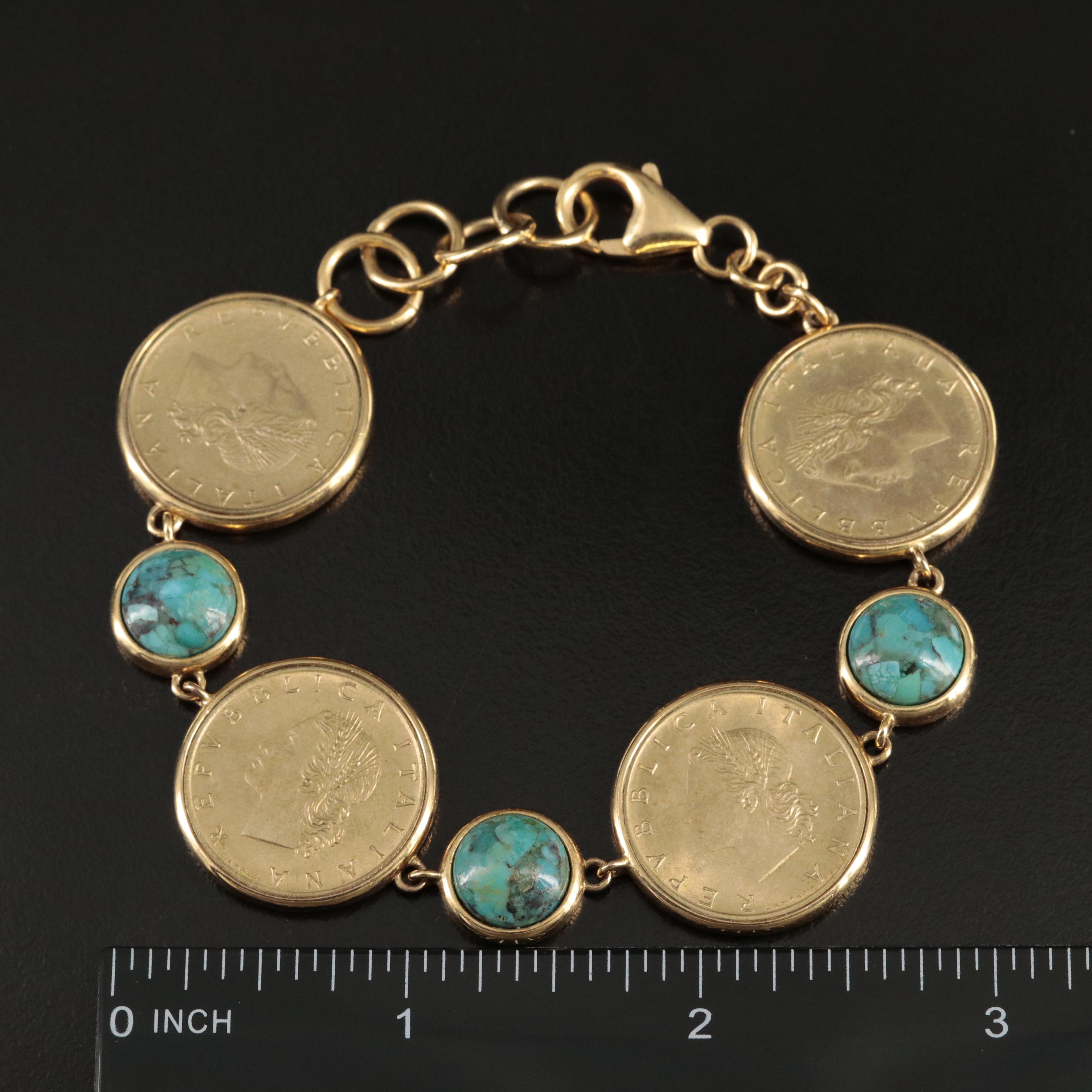 Faux Turquoise Bracelet Holding Four Italian Twenty LIre Coins