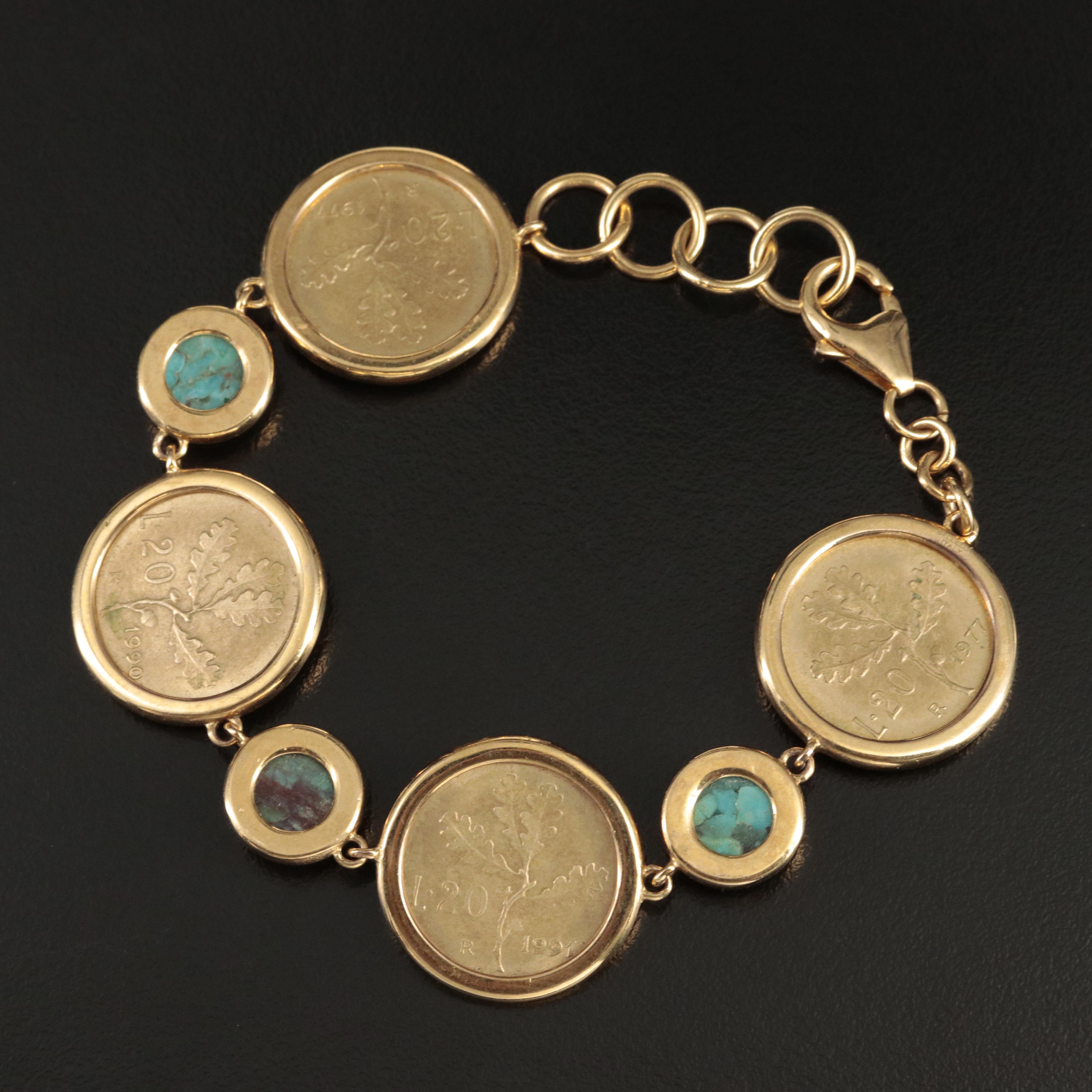 Faux Turquoise Bracelet Holding Four Italian Twenty LIre Coins