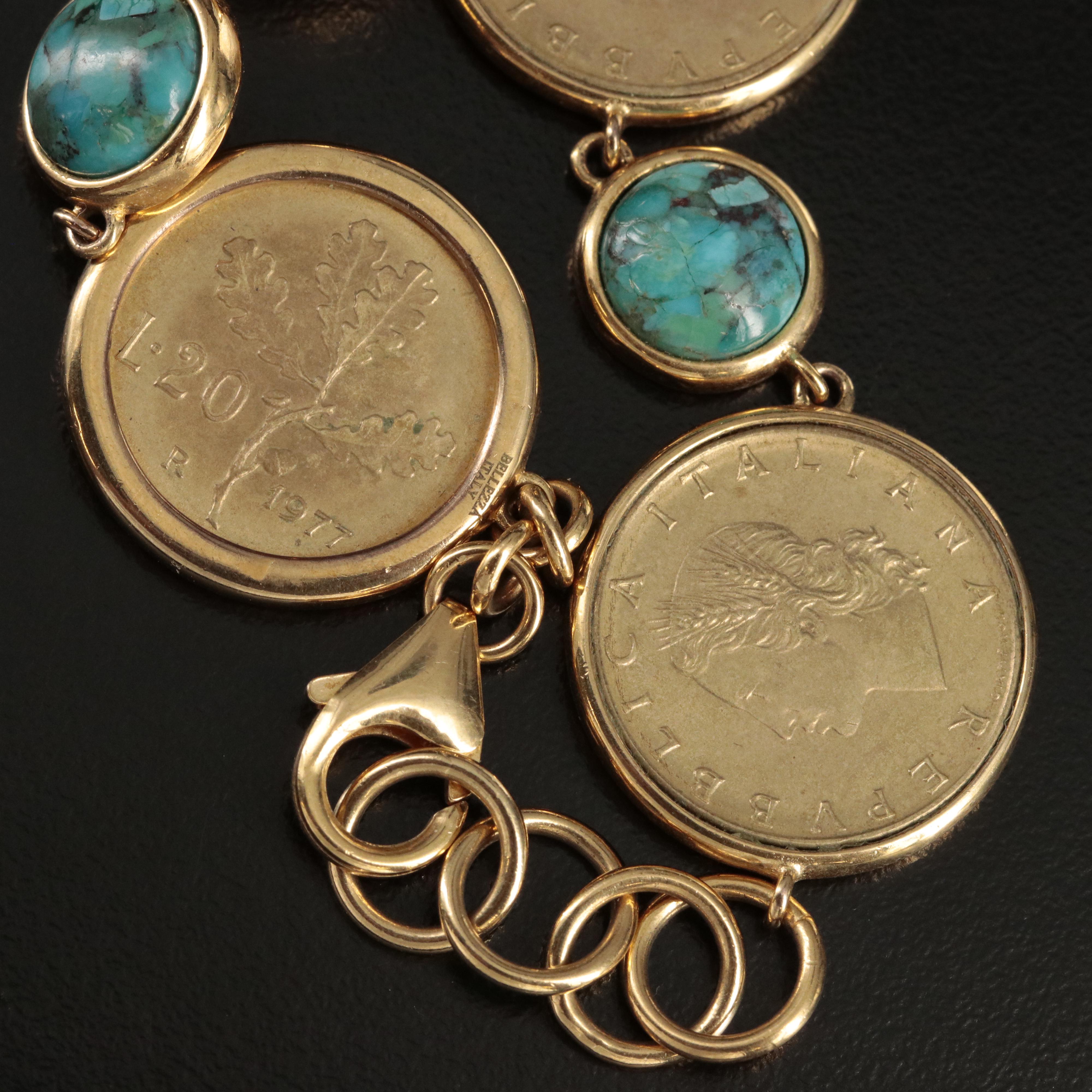 Faux Turquoise Bracelet Holding Four Italian Twenty LIre Coins
