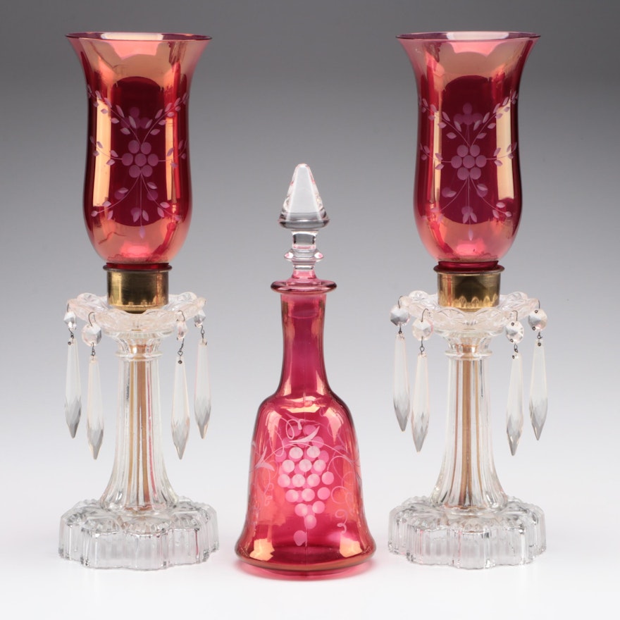 Etched Ruby Flashed Decanter and Hurricane Candle Holders