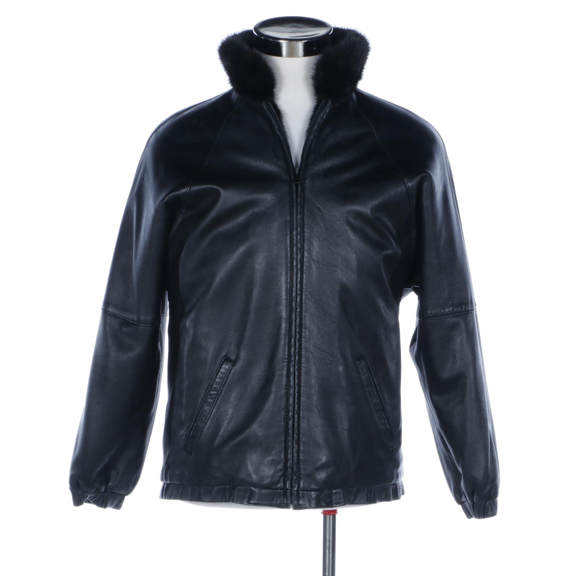 Reversible Zip-Front Black-Dyed Mink Fur and Lambskin Leather Jacket
