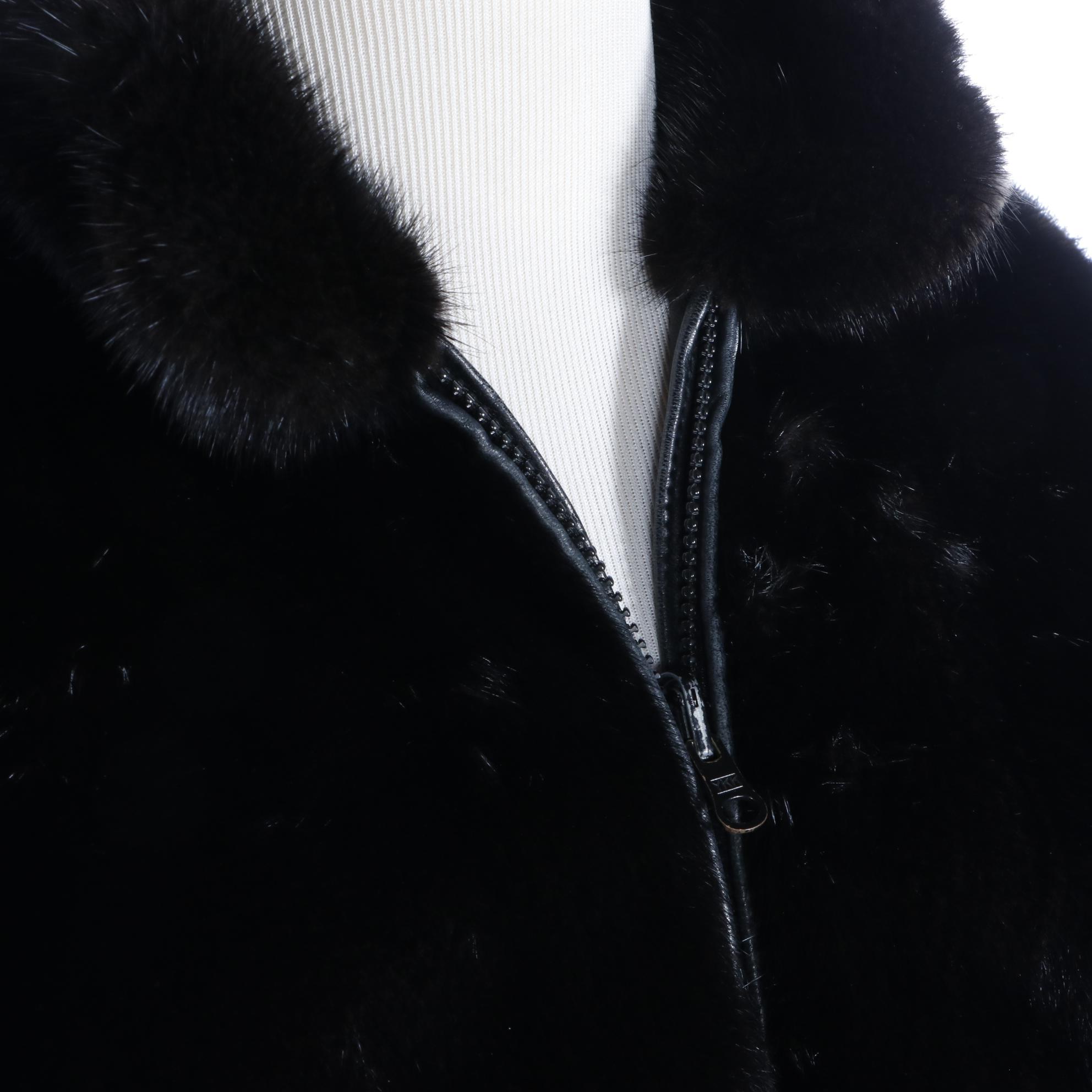 Reversible Zip-Front Black-Dyed Mink Fur and Lambskin Leather Jacket