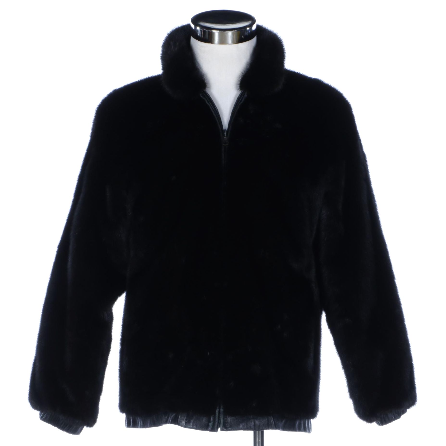 Reversible Zip-Front Black-Dyed Mink Fur and Lambskin Leather Jacket
