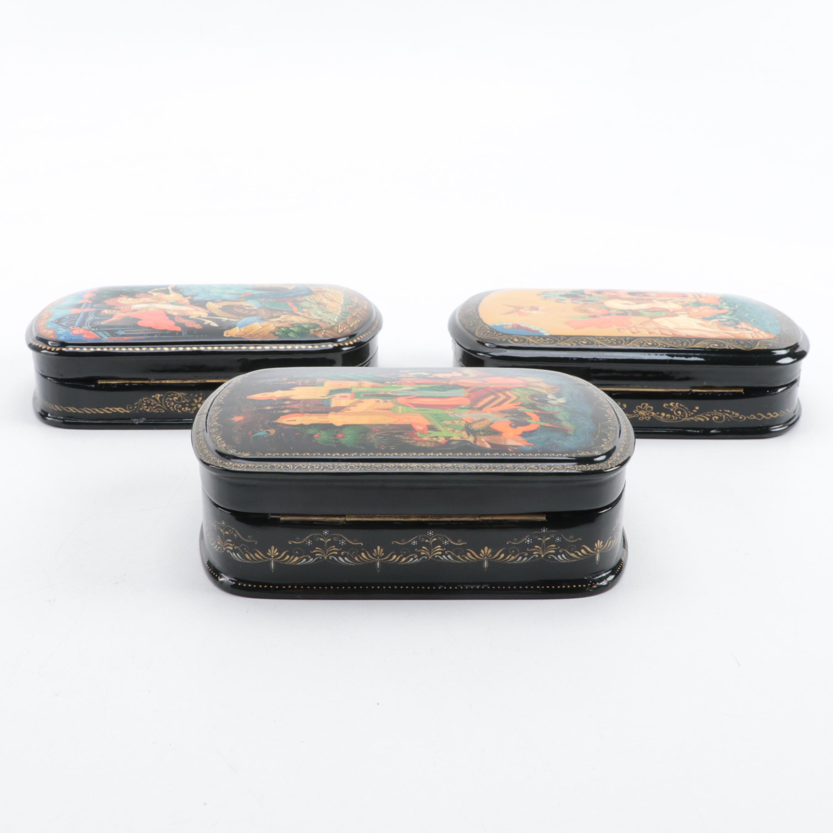Russian Palekh Hand-Painted Fairytale Lacquer Boxes