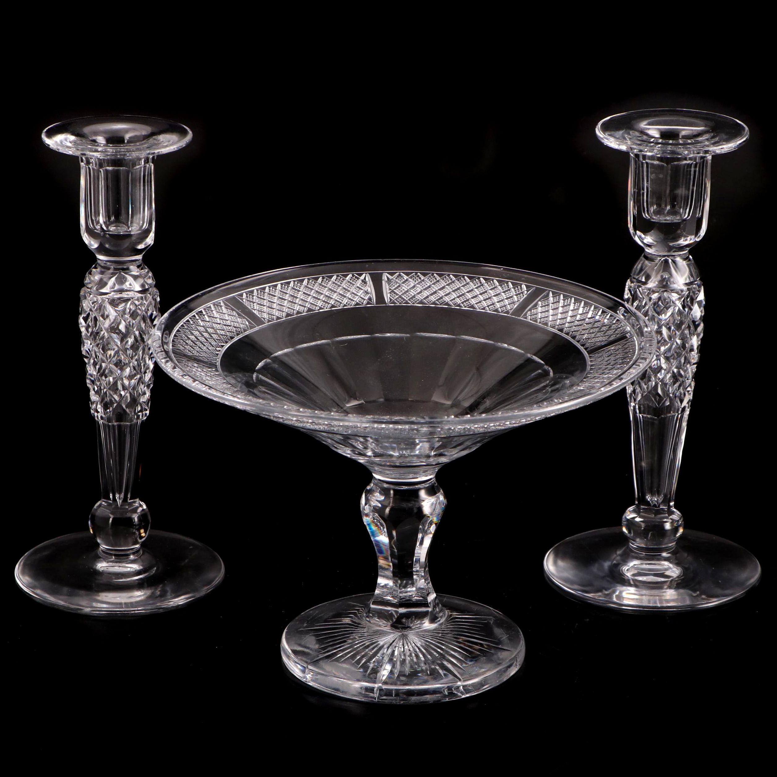 Hawkes Cut Crystal Compote and Candlesticks, 20th Century
