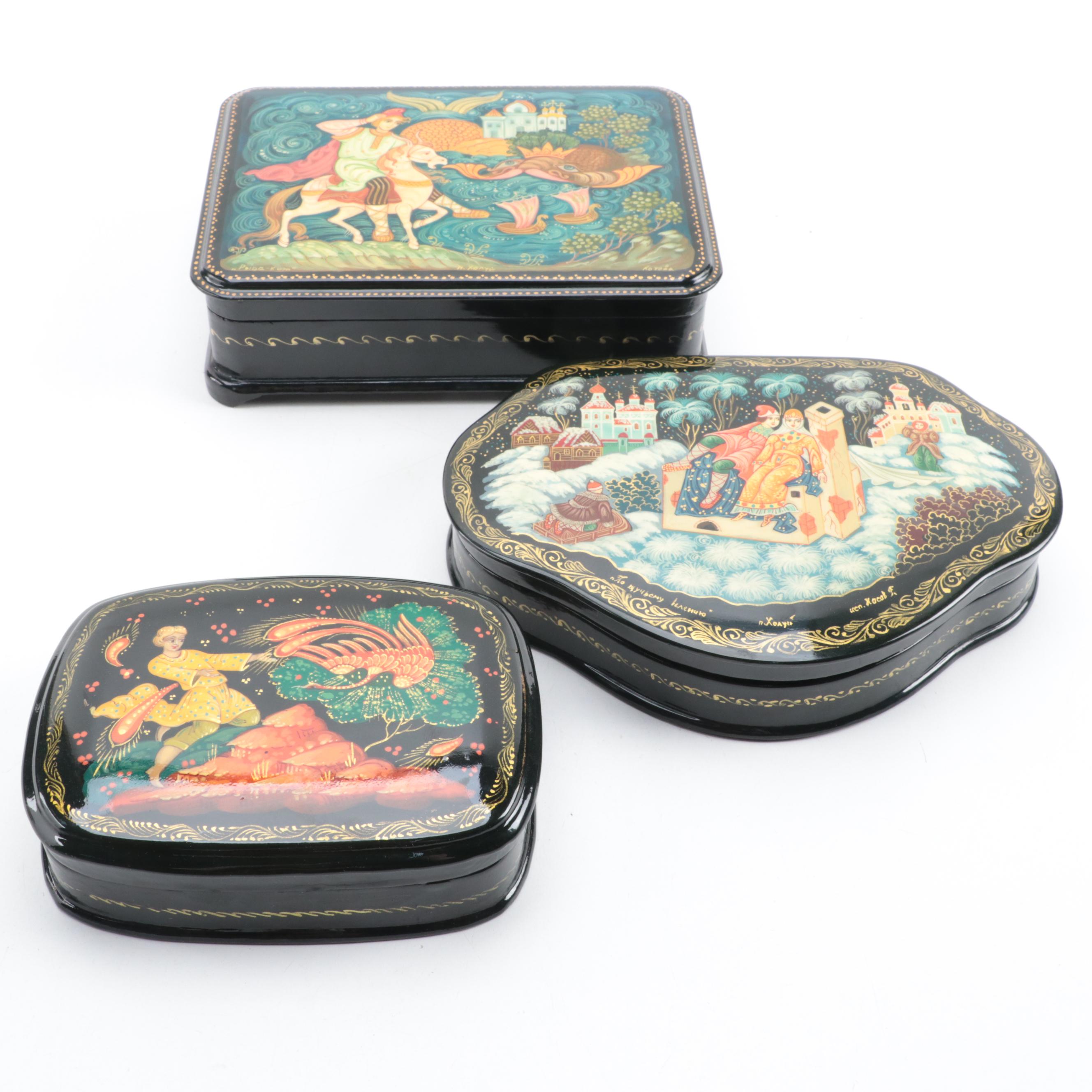 Russian Mstyora and Kholuy Hand-Painted Fairytale Lacquer Boxes