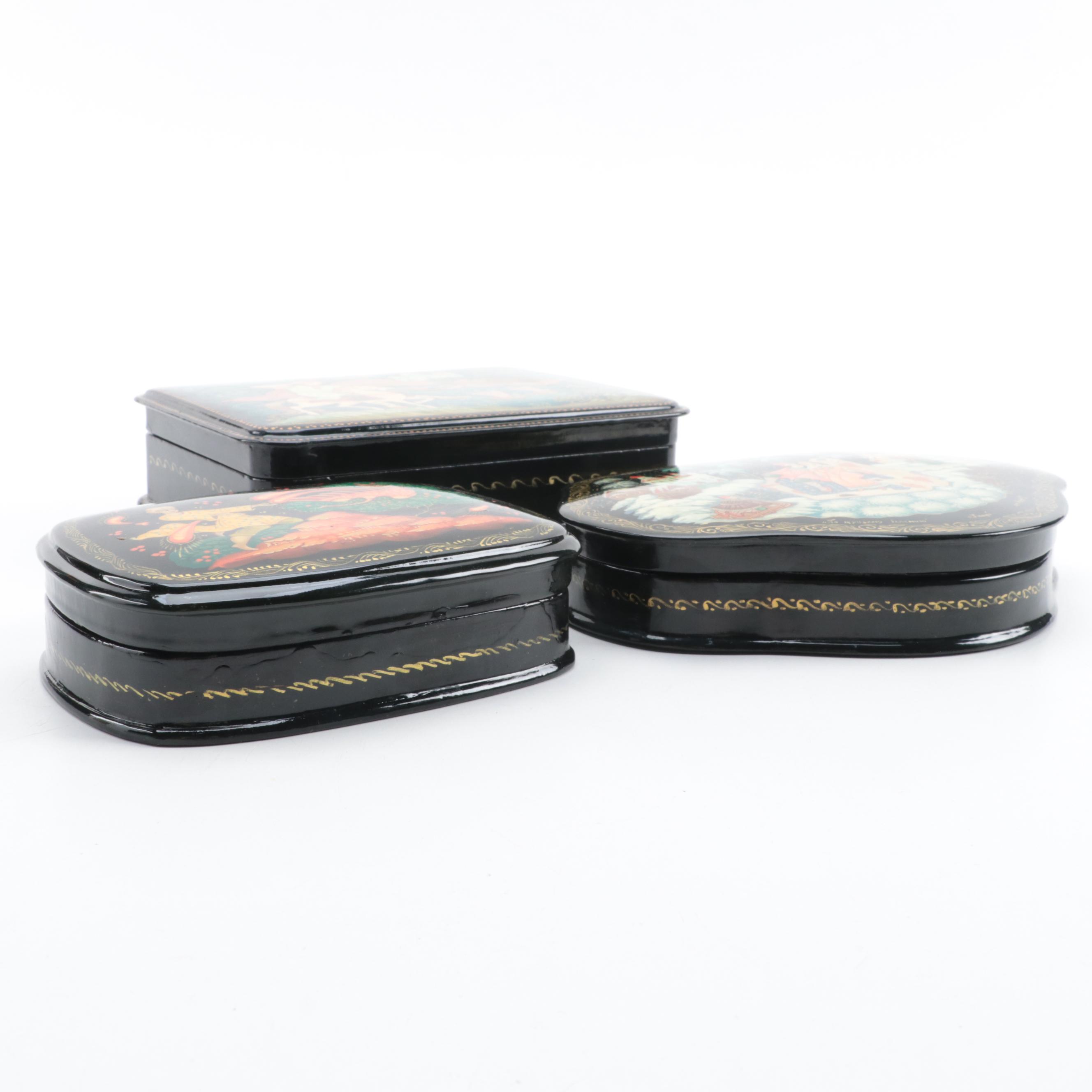 Russian Mstyora and Kholuy Hand-Painted Fairytale Lacquer Boxes