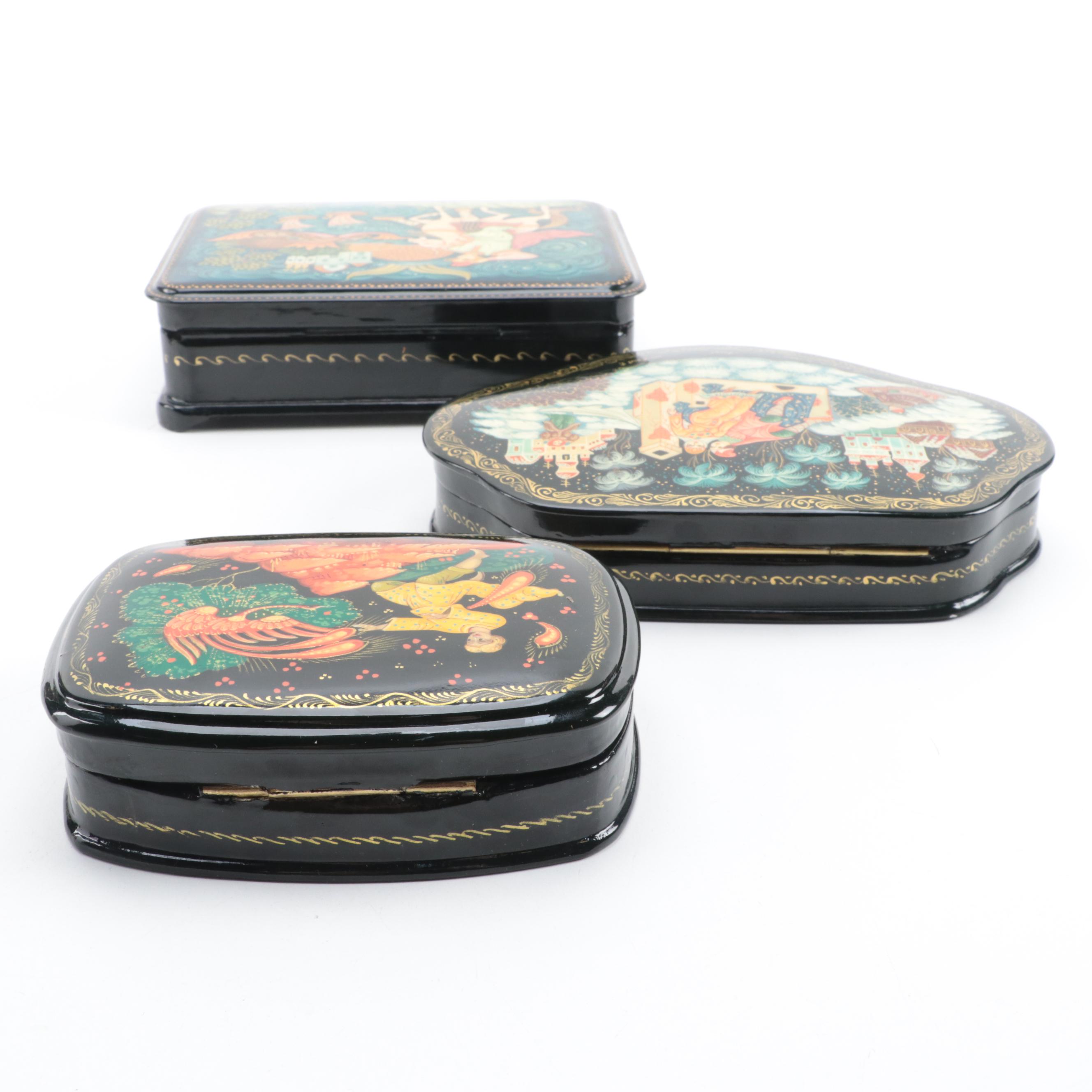 Russian Mstyora and Kholuy Hand-Painted Fairytale Lacquer Boxes