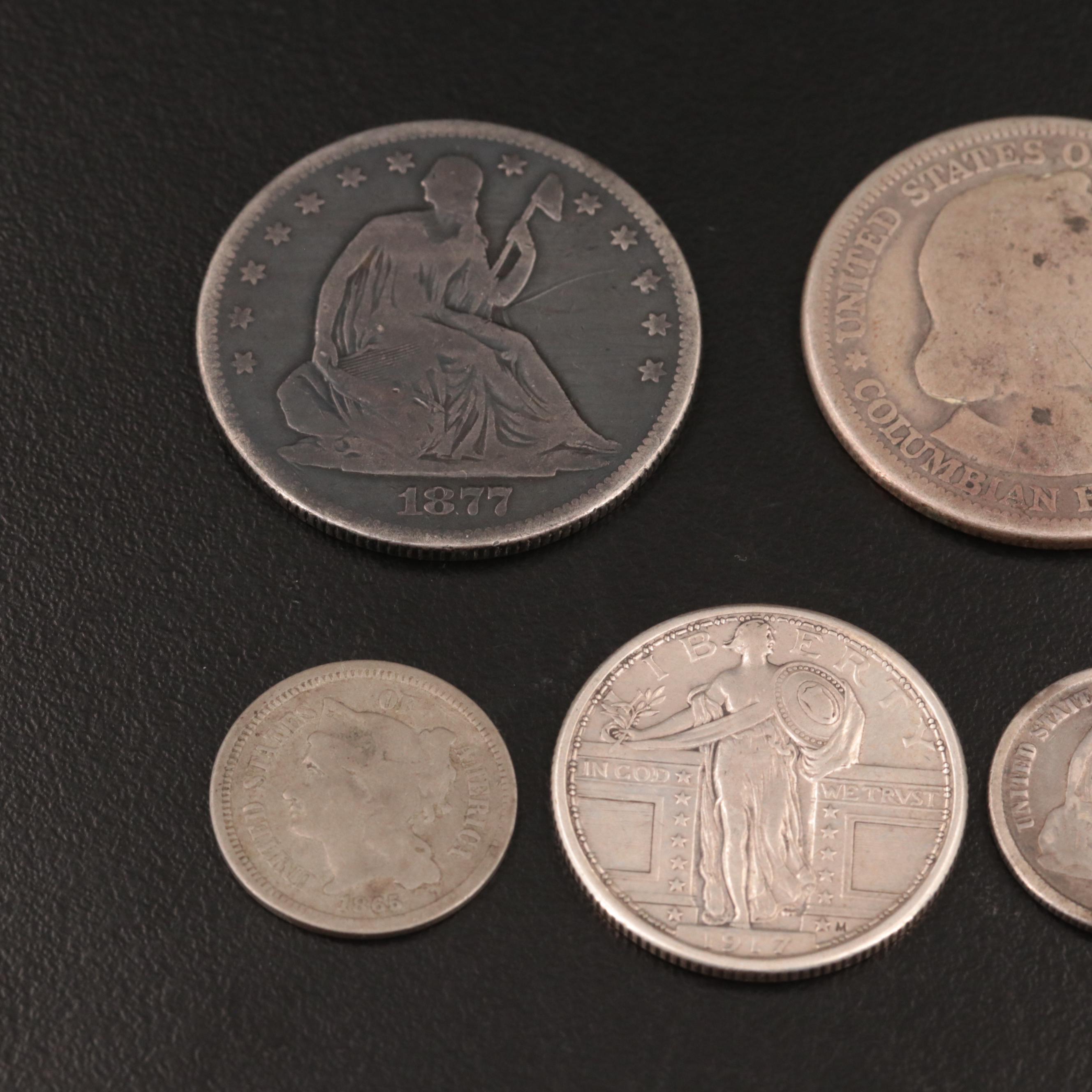 Group of Five U.S. Nickel and Silver Coins Including an 1876-CC Dime