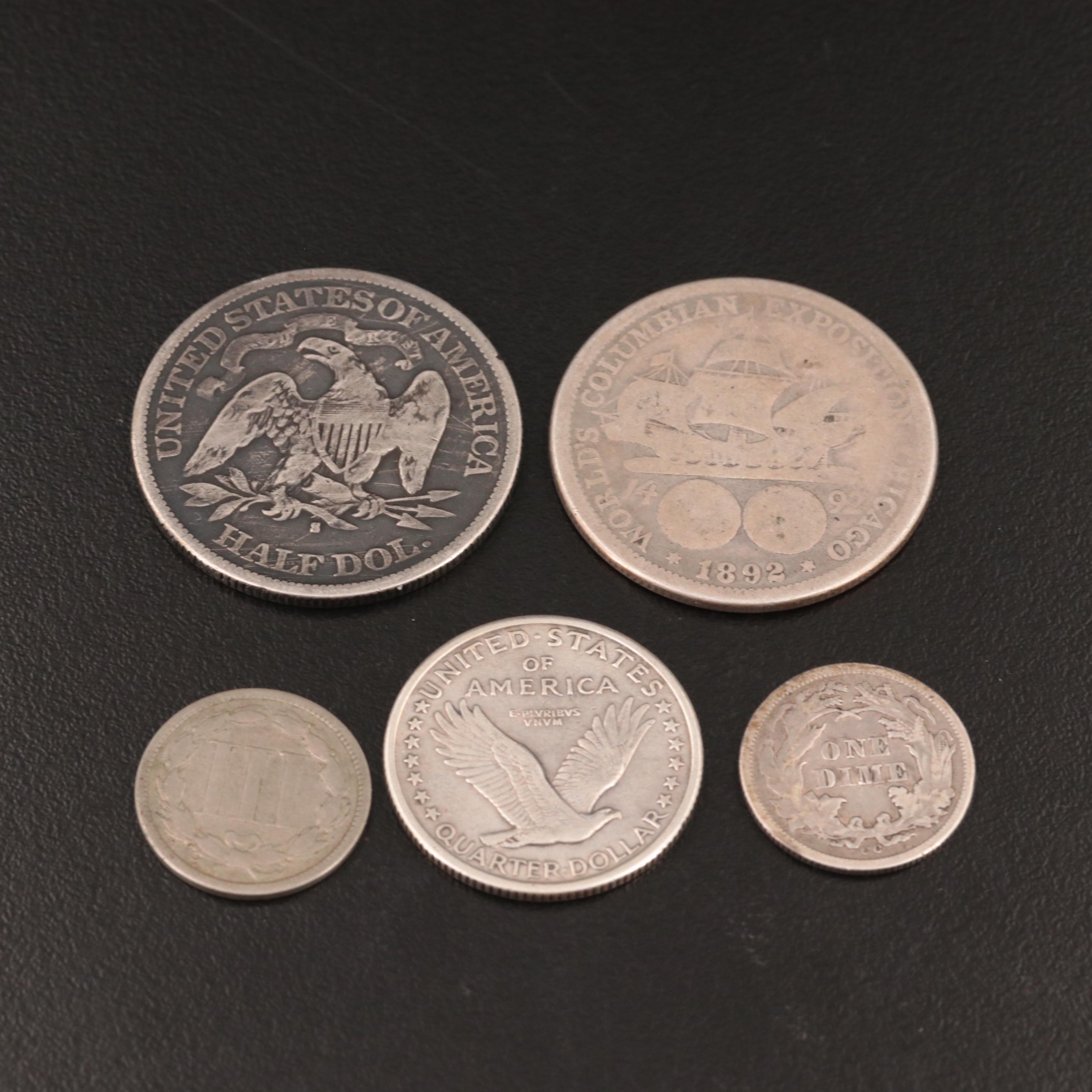 Group of Five U.S. Nickel and Silver Coins Including an 1876-CC Dime
