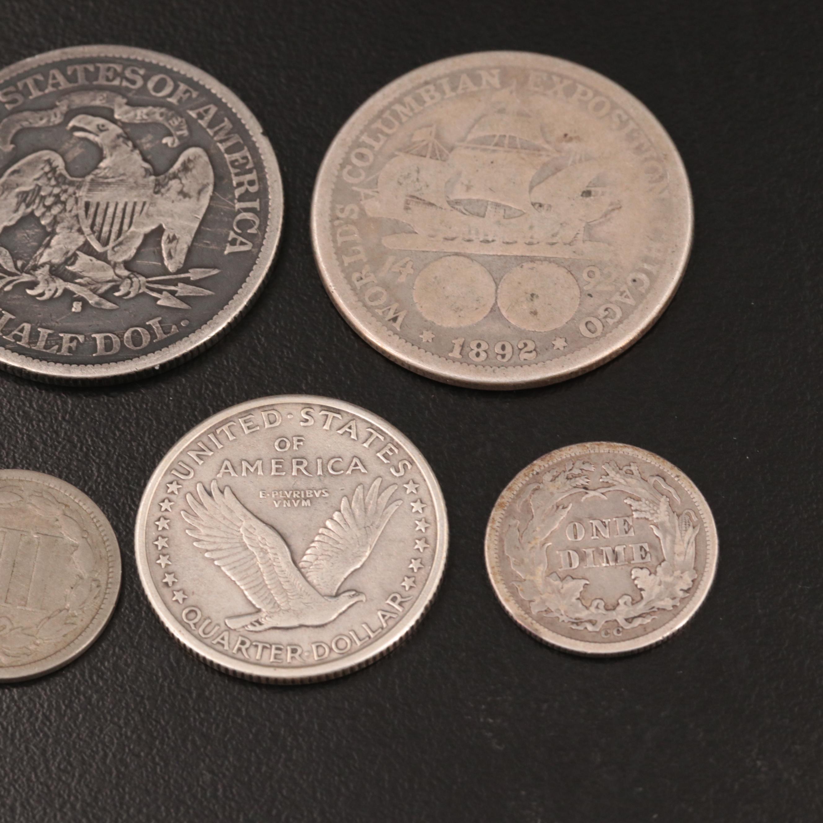 Group of Five U.S. Nickel and Silver Coins Including an 1876-CC Dime