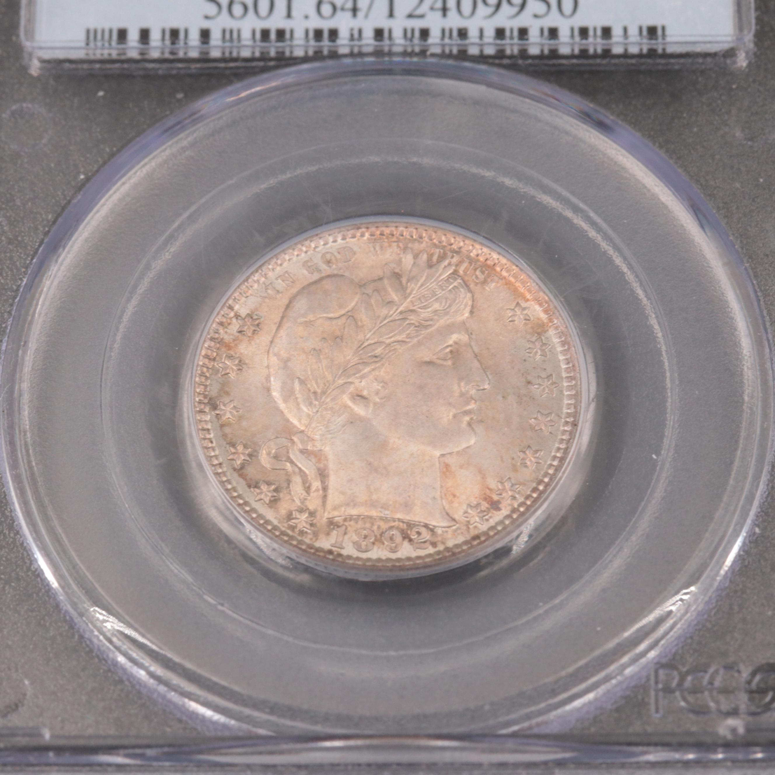 PCGS Graded MS64 1892 Barber Quarter