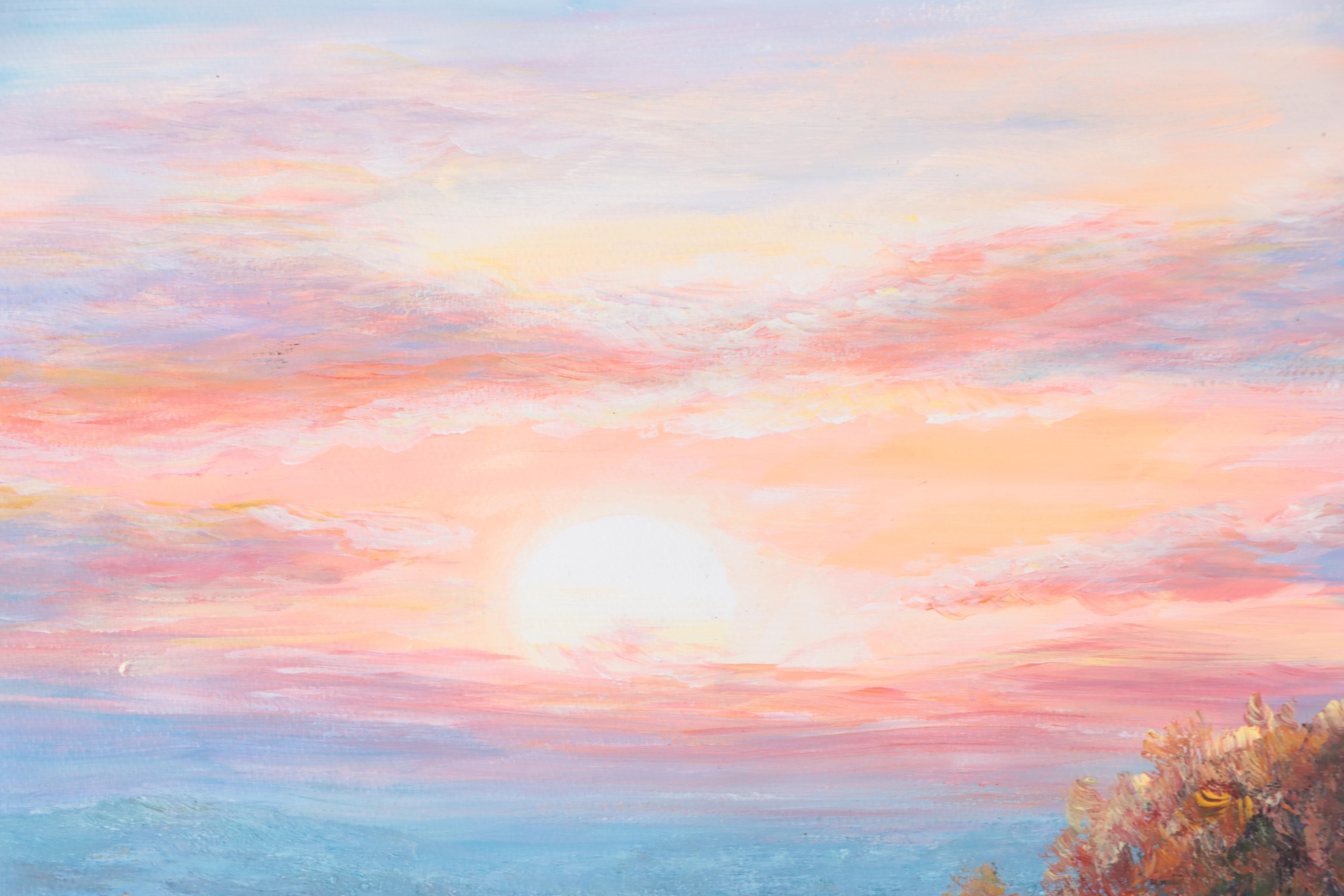 Qing Hua Coastal Sunset Landscape Oil Painting, 21st Century