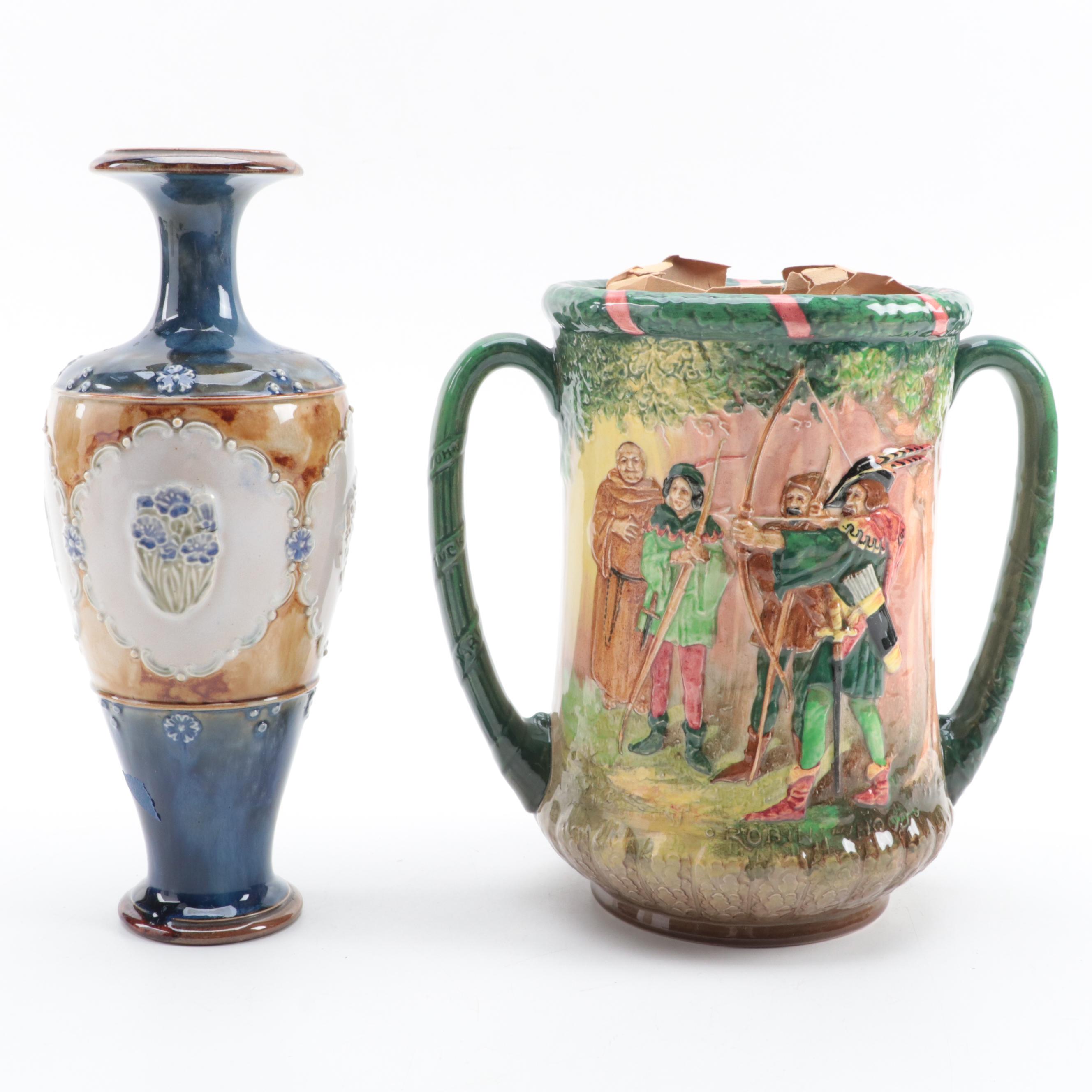 Doulton Lambeth Match Holder, Royal Doulton "Robin Hood" Seriesware With Vase