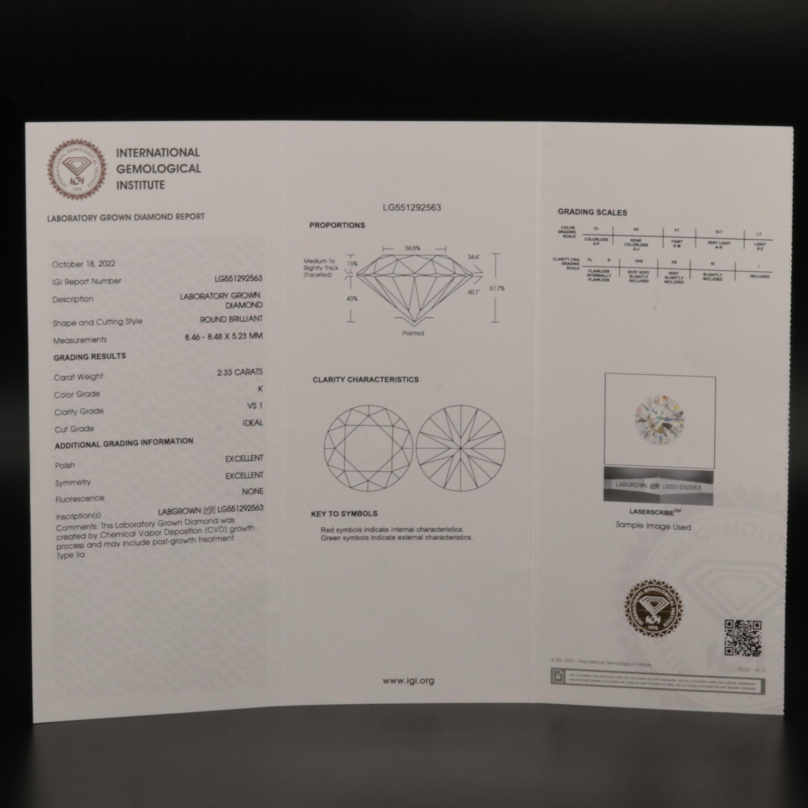 Loose 2.33 CT Lab Grown Diamond with IGI Report