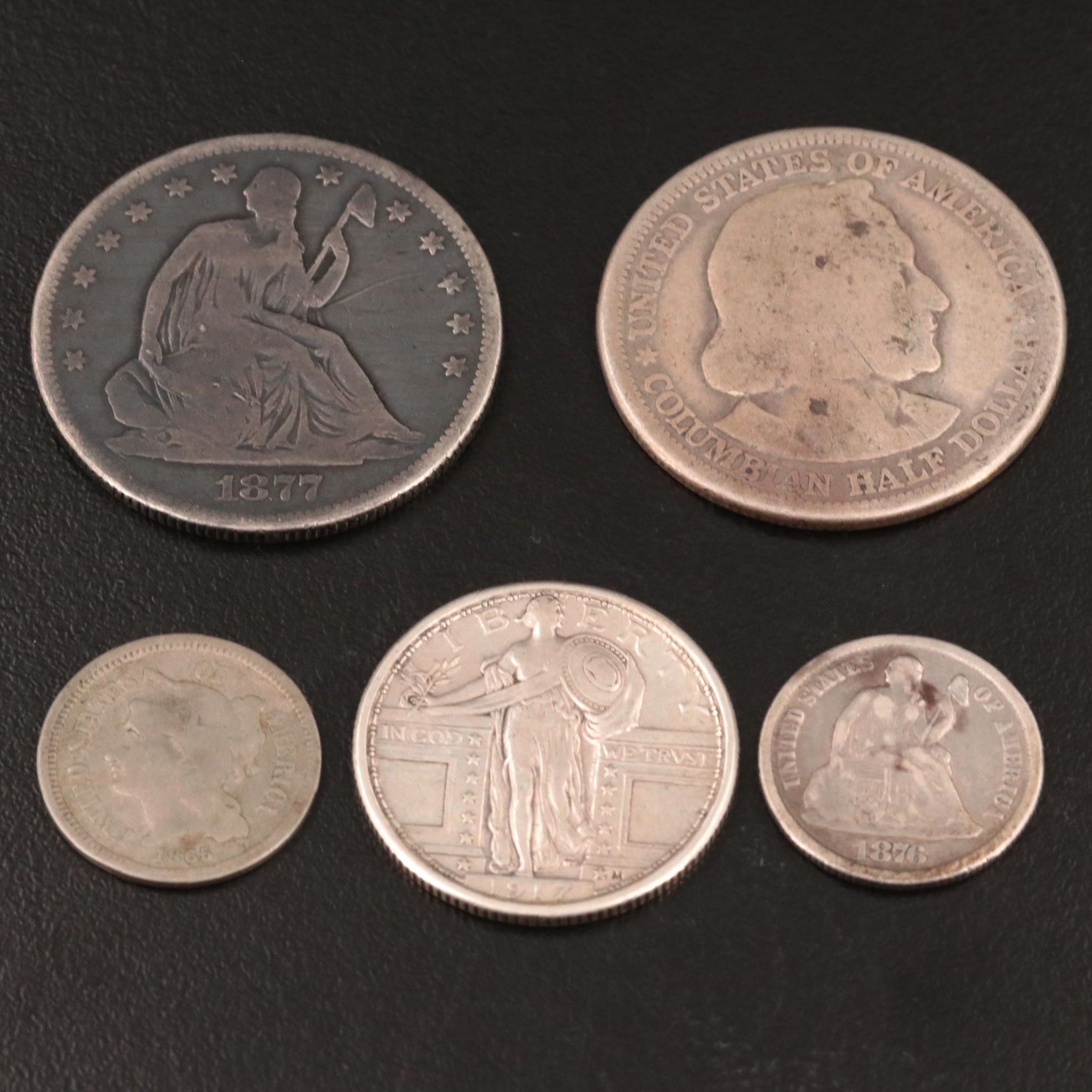 Group of Five U.S. Nickel and Silver Coins Including an 1876-CC Dime