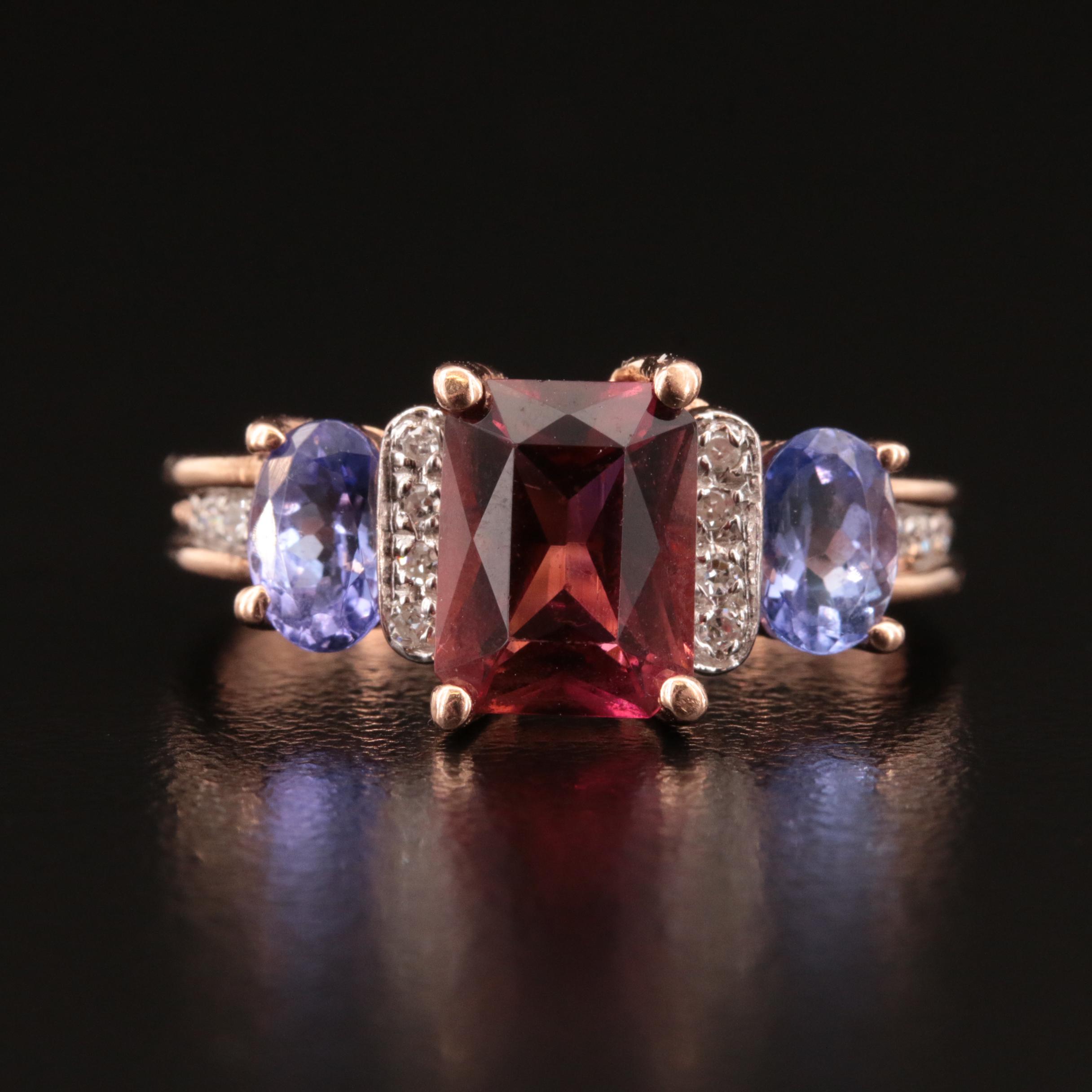 14K Rose Gold Tourmaline, Tanzanite and Diamond Ring