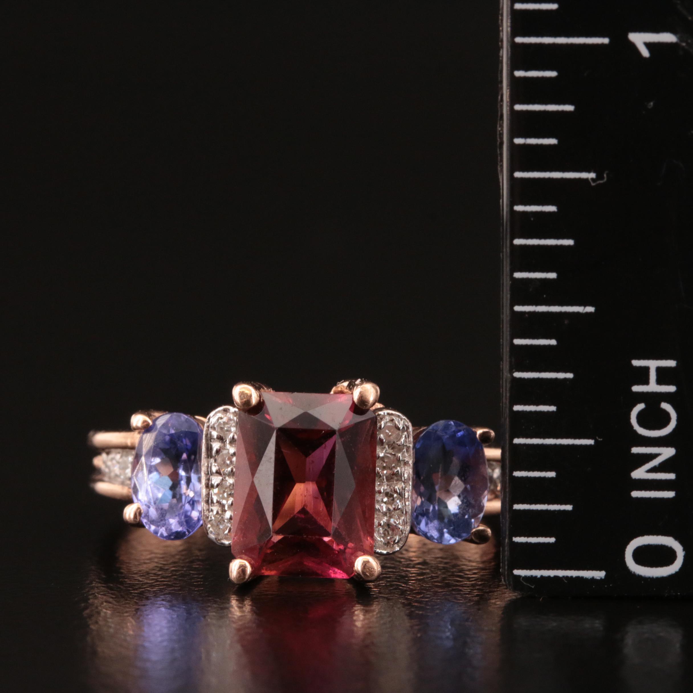 14K Rose Gold Tourmaline, Tanzanite and Diamond Ring
