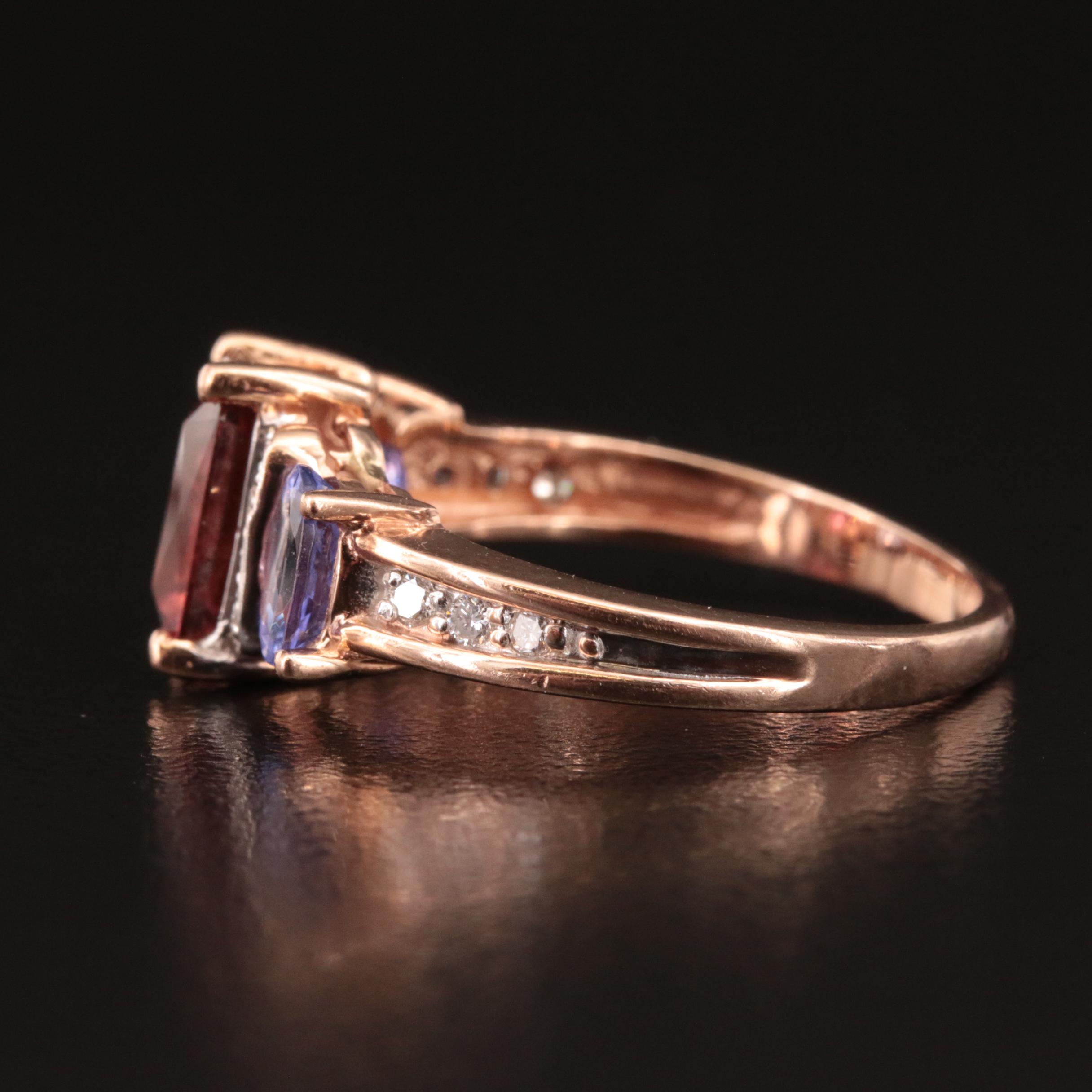 14K Rose Gold Tourmaline, Tanzanite and Diamond Ring