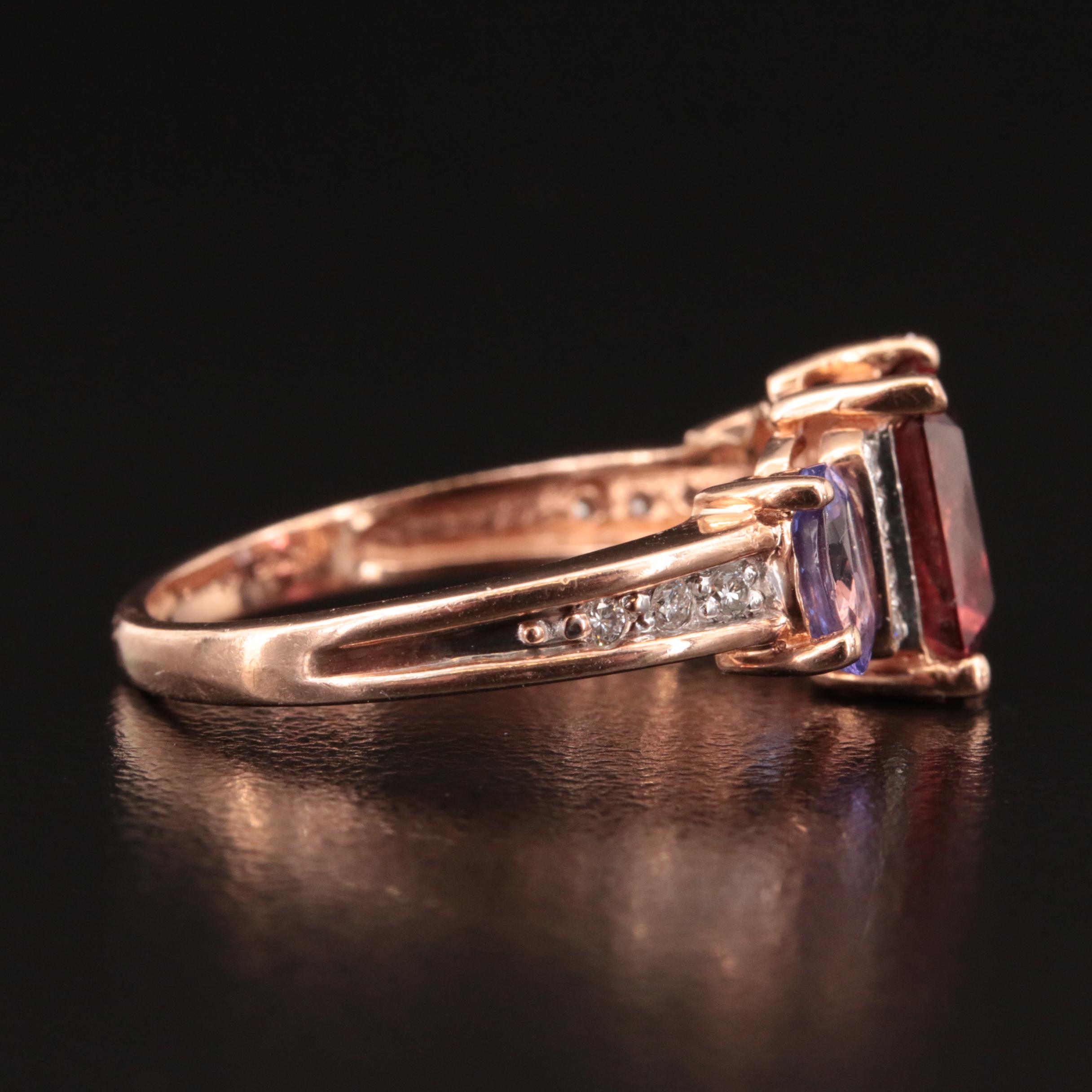 14K Rose Gold Tourmaline, Tanzanite and Diamond Ring