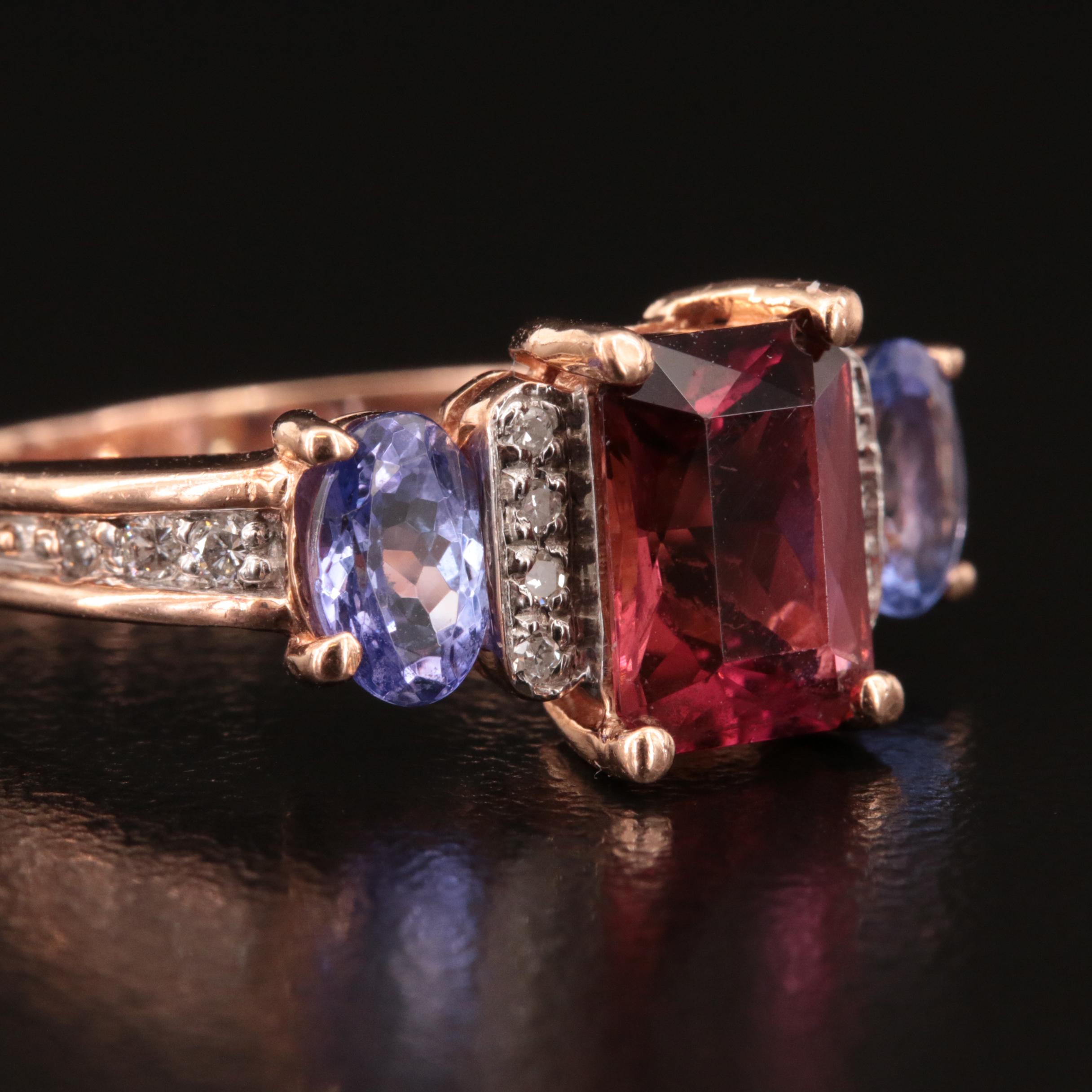 14K Rose Gold Tourmaline, Tanzanite and Diamond Ring