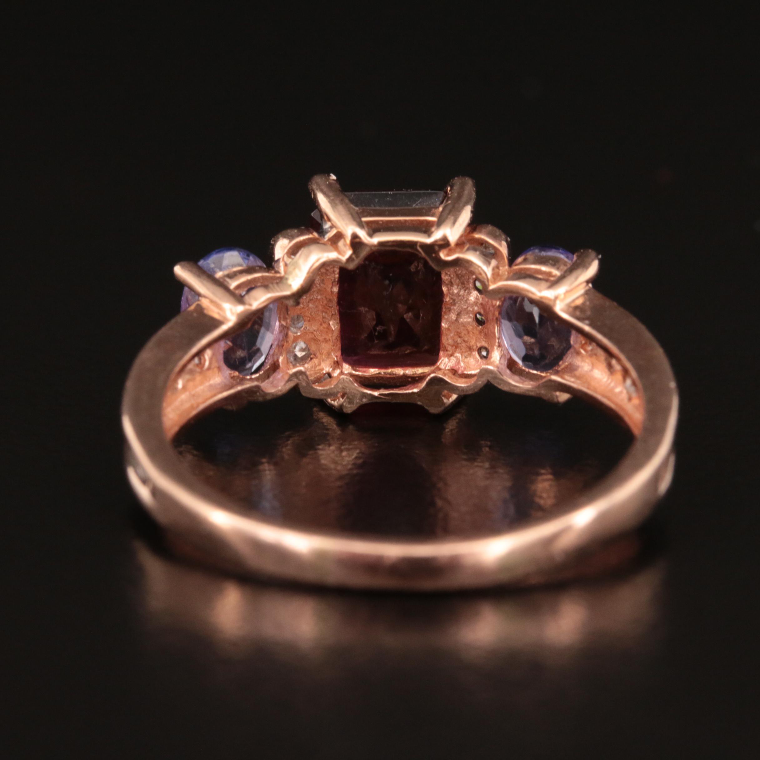 14K Rose Gold Tourmaline, Tanzanite and Diamond Ring
