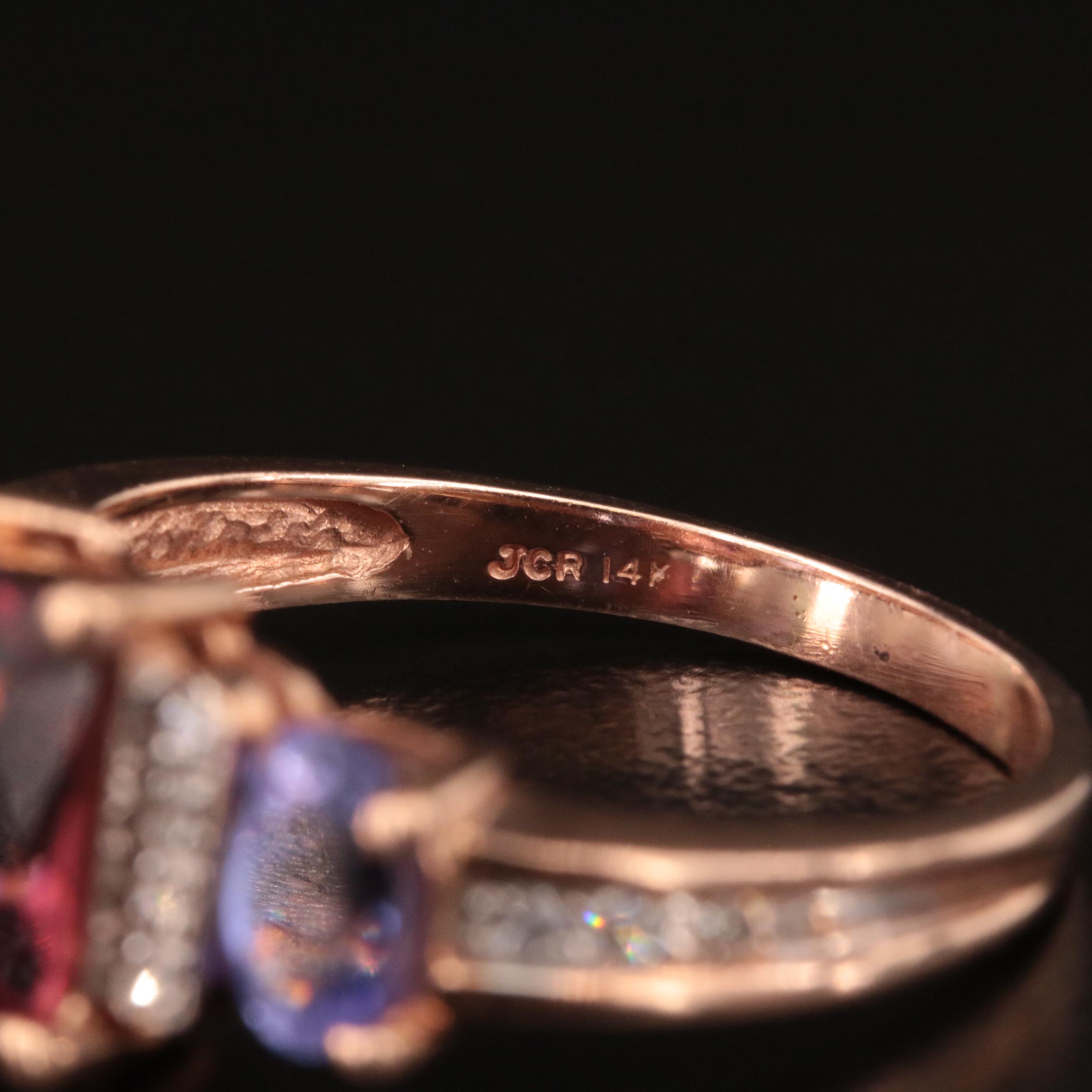 14K Rose Gold Tourmaline, Tanzanite and Diamond Ring