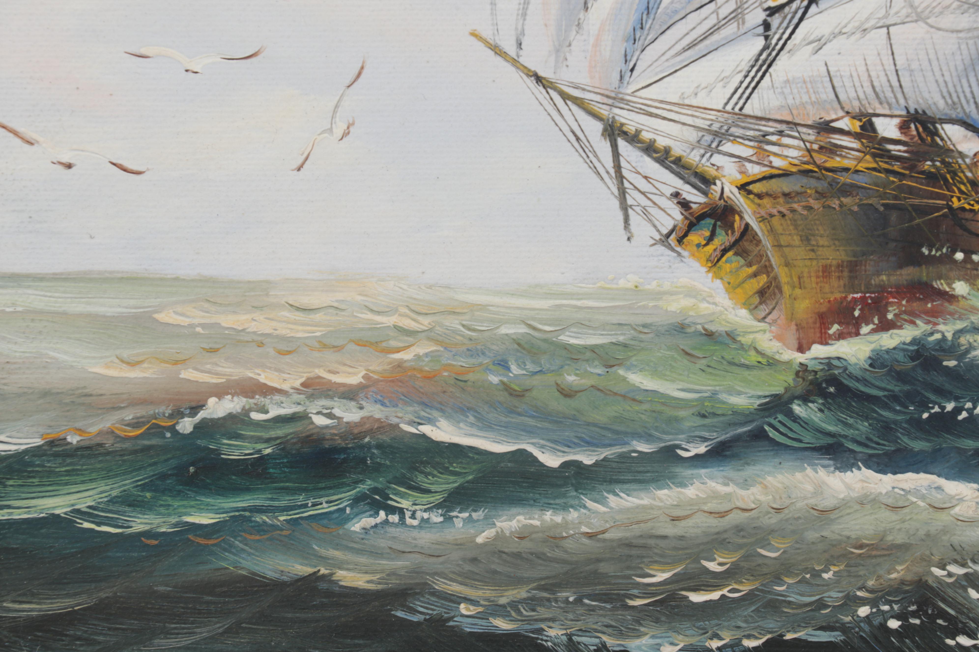 Maritime Oil Painting of Clipper Ship at Sea, Circa 2000