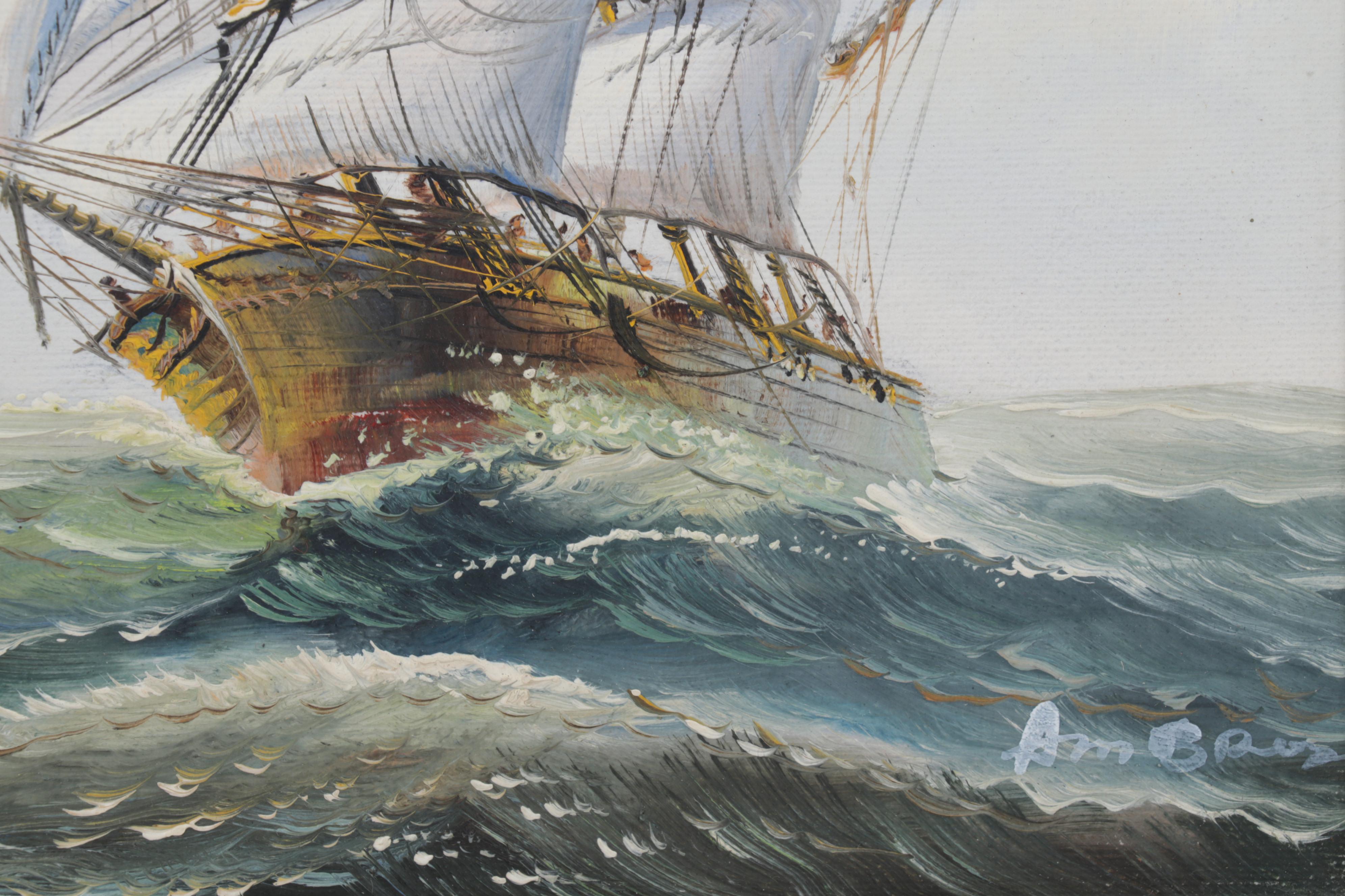 Maritime Oil Painting of Clipper Ship at Sea, Circa 2000