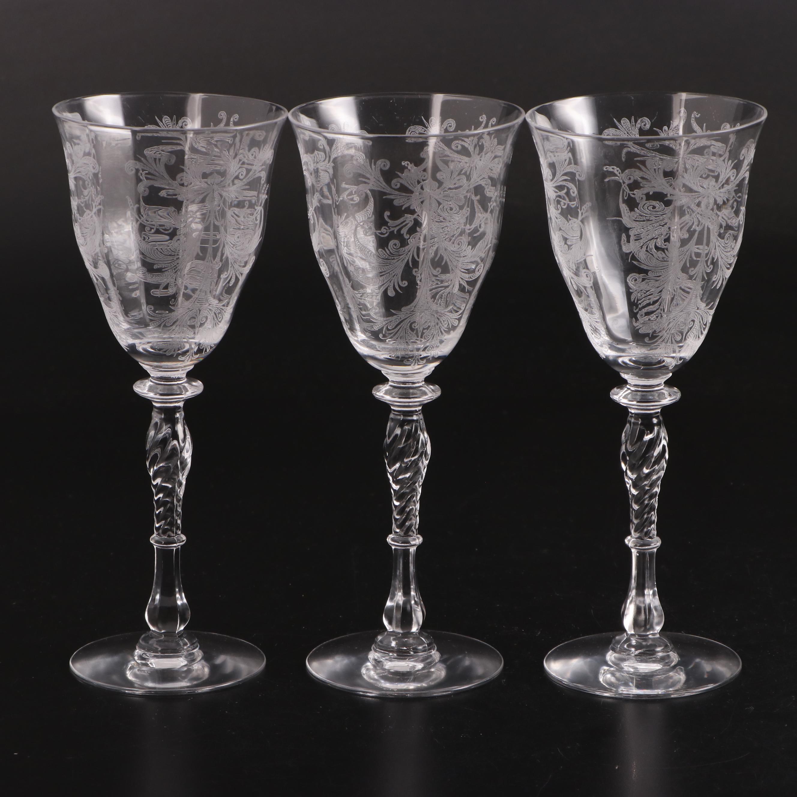 Tiffin-Franciscan "Byzantine Clear" Etched Glass Stemware and Torte Plate