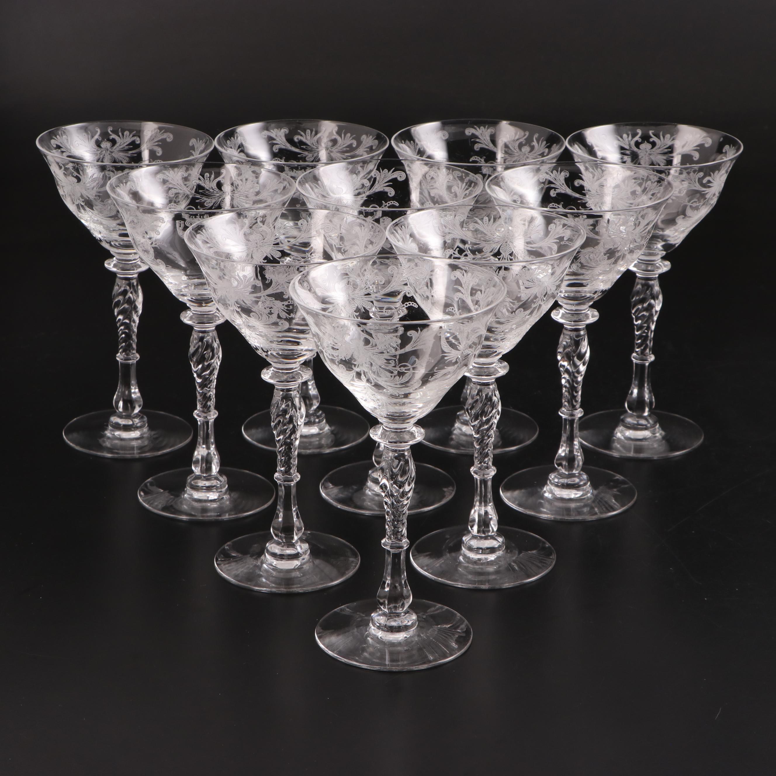 Tiffin-Franciscan "Byzantine Clear" Etched Glass Stemware and Torte Plate