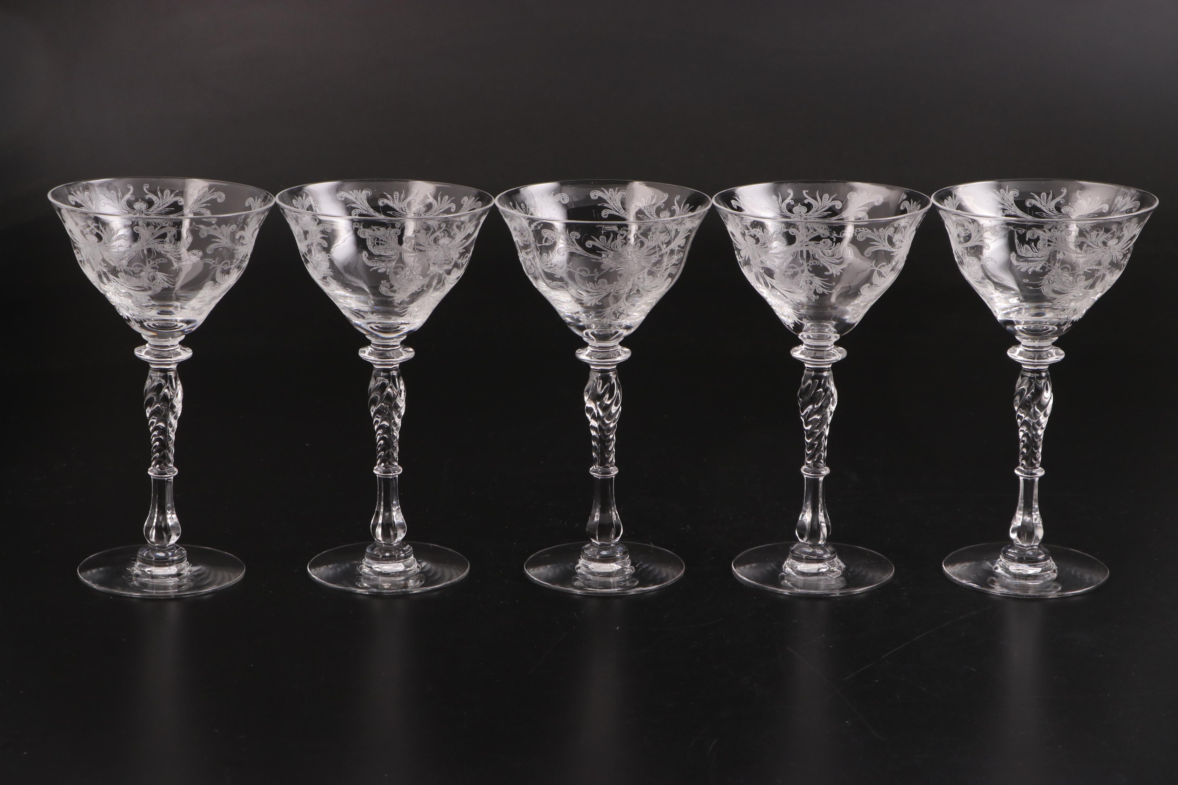 Tiffin-Franciscan "Byzantine Clear" Etched Glass Stemware and Torte Plate