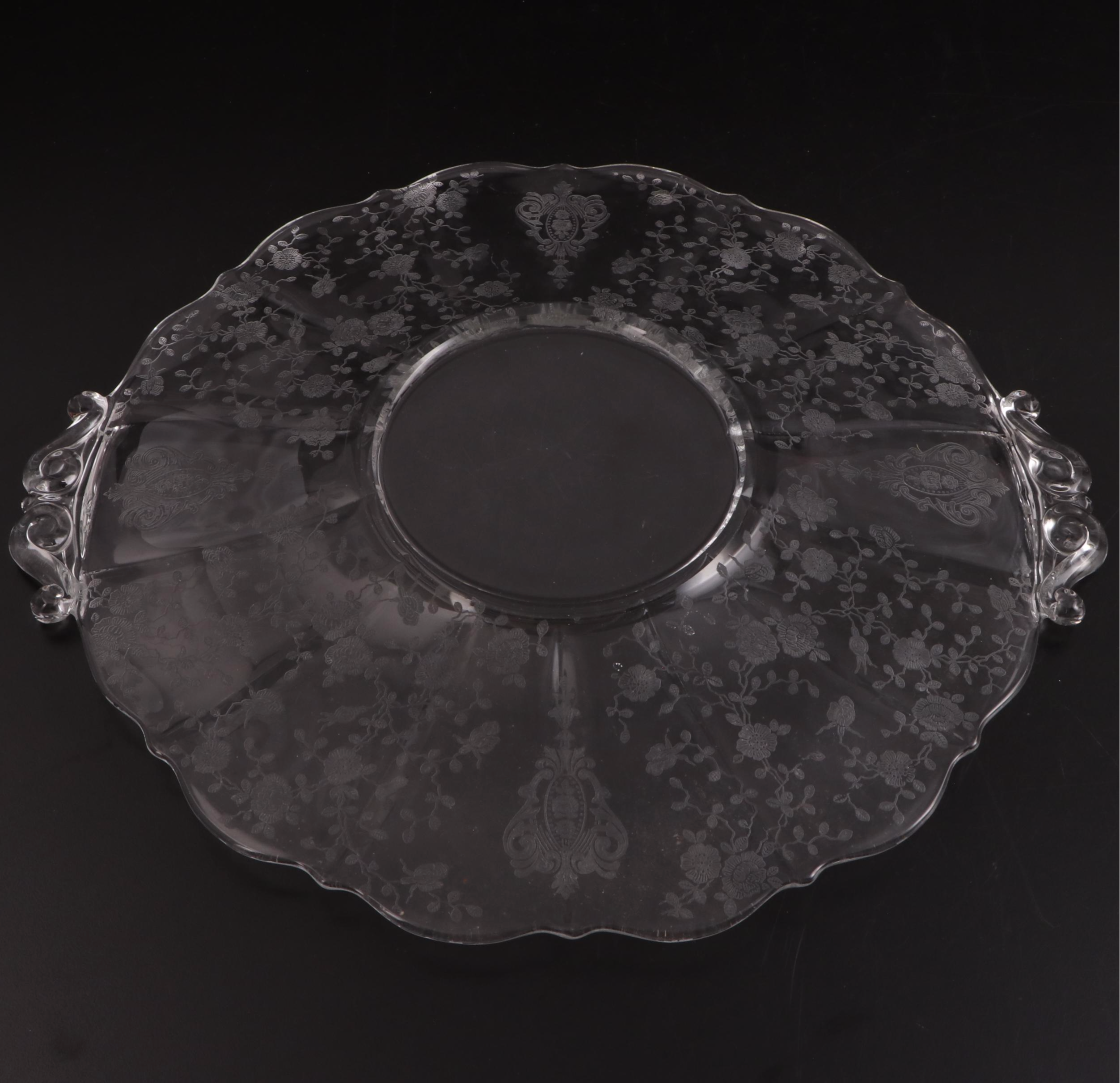 Tiffin-Franciscan "Byzantine Clear" Etched Glass Stemware and Torte Plate