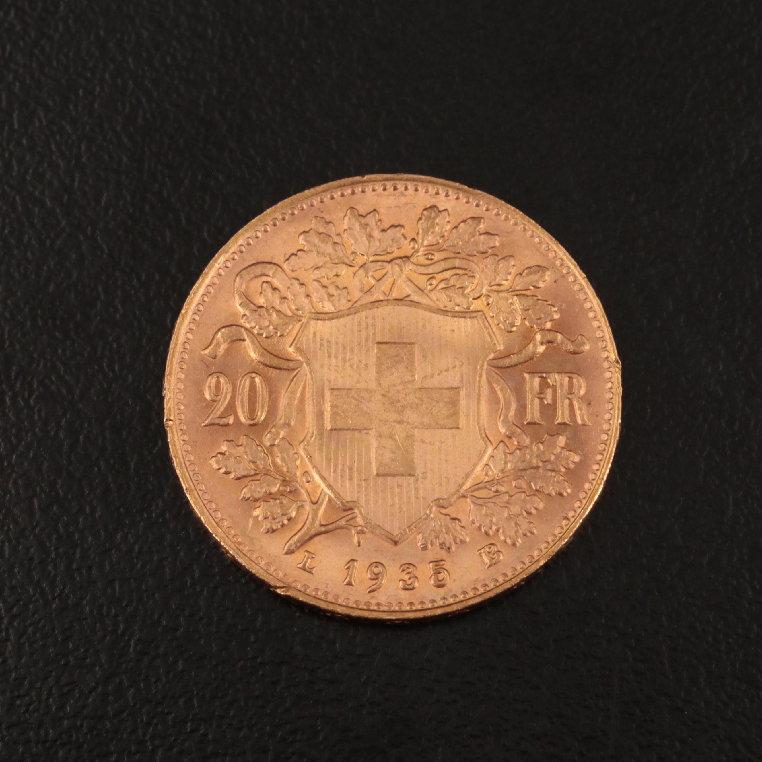 1935-LB Switzerland Twenty Francs Gold Coin
